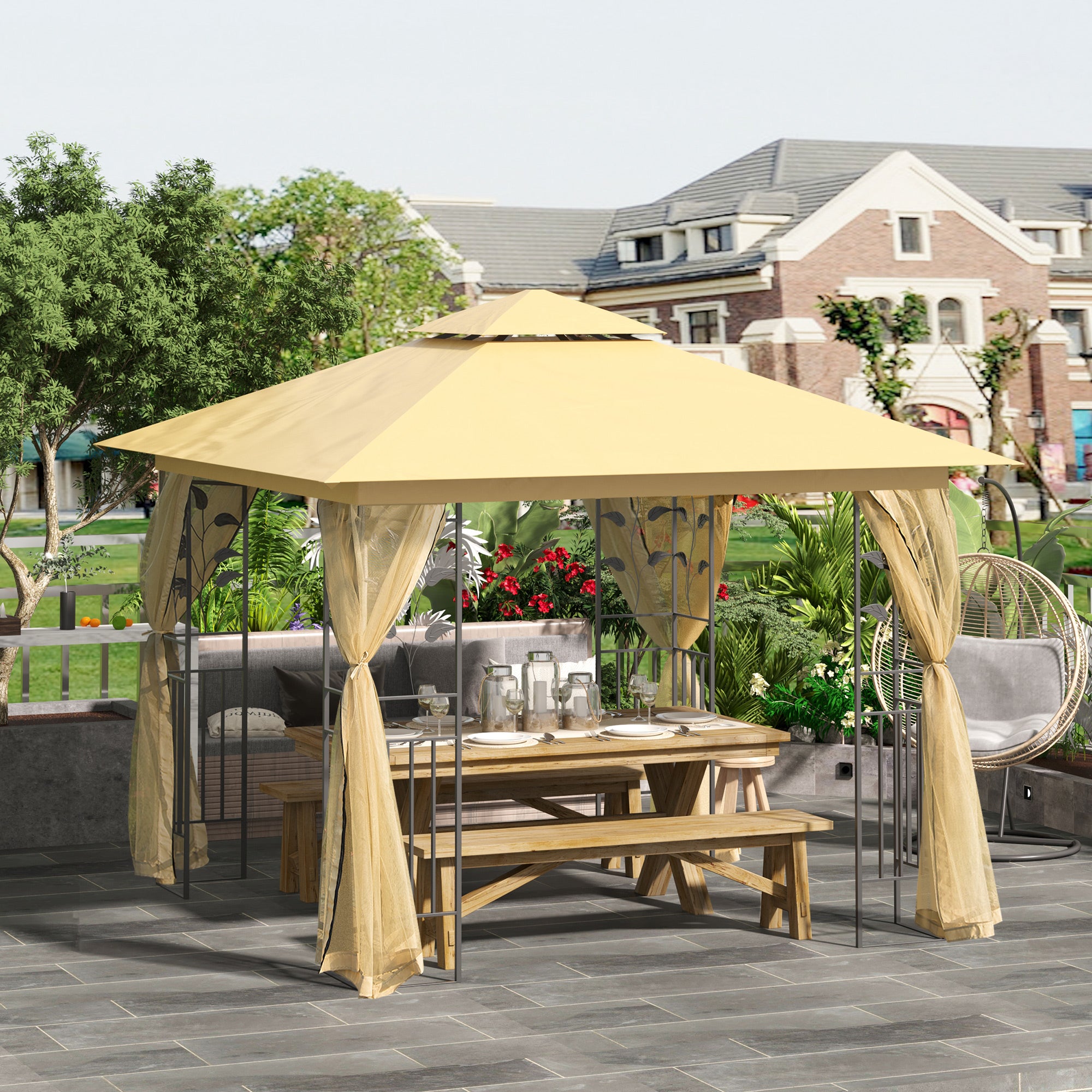 3x3 m Double Top Steel Gazebo with Canopy - Beige