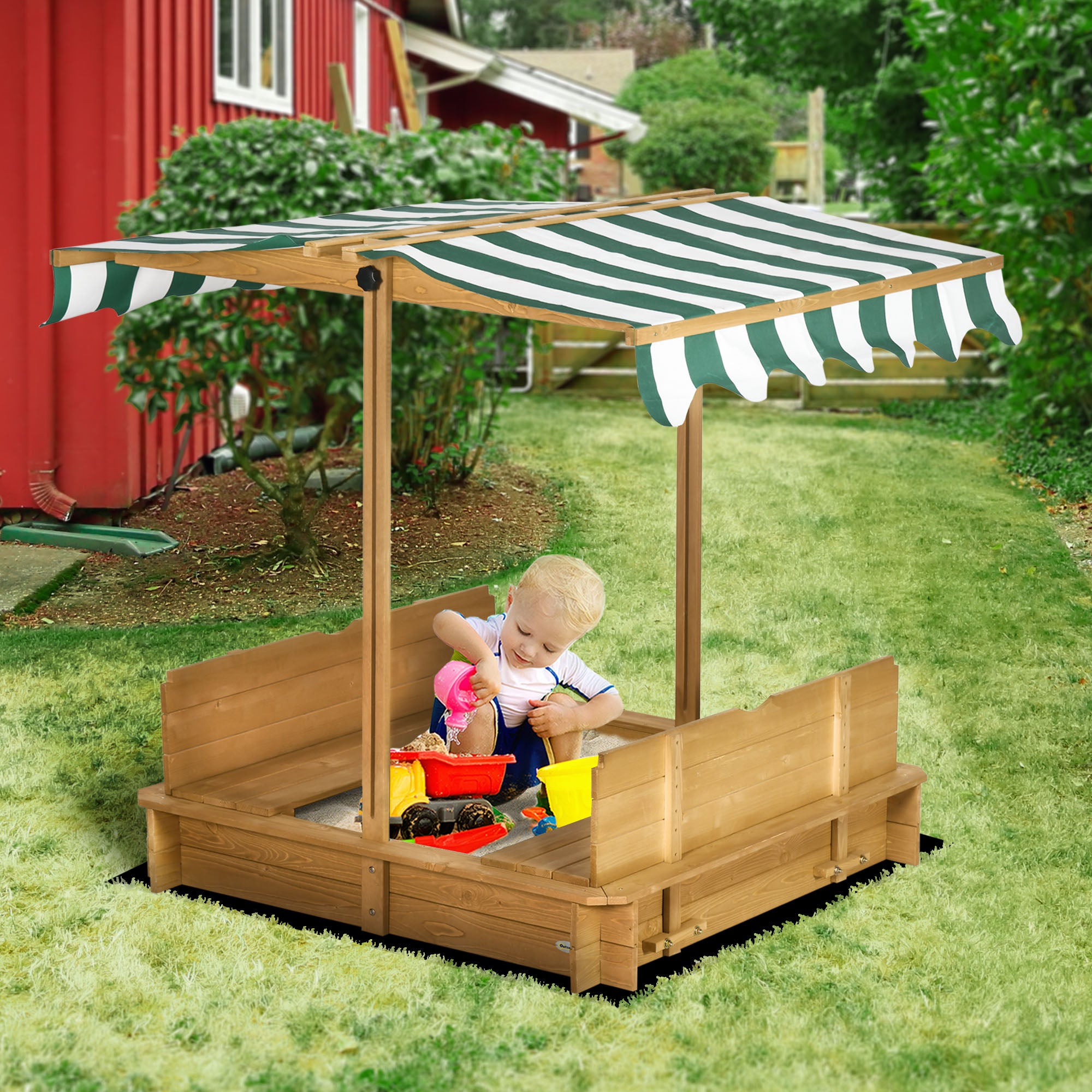 Wooden Sandpit with Adjustable Canopy and Benches - Light Brown