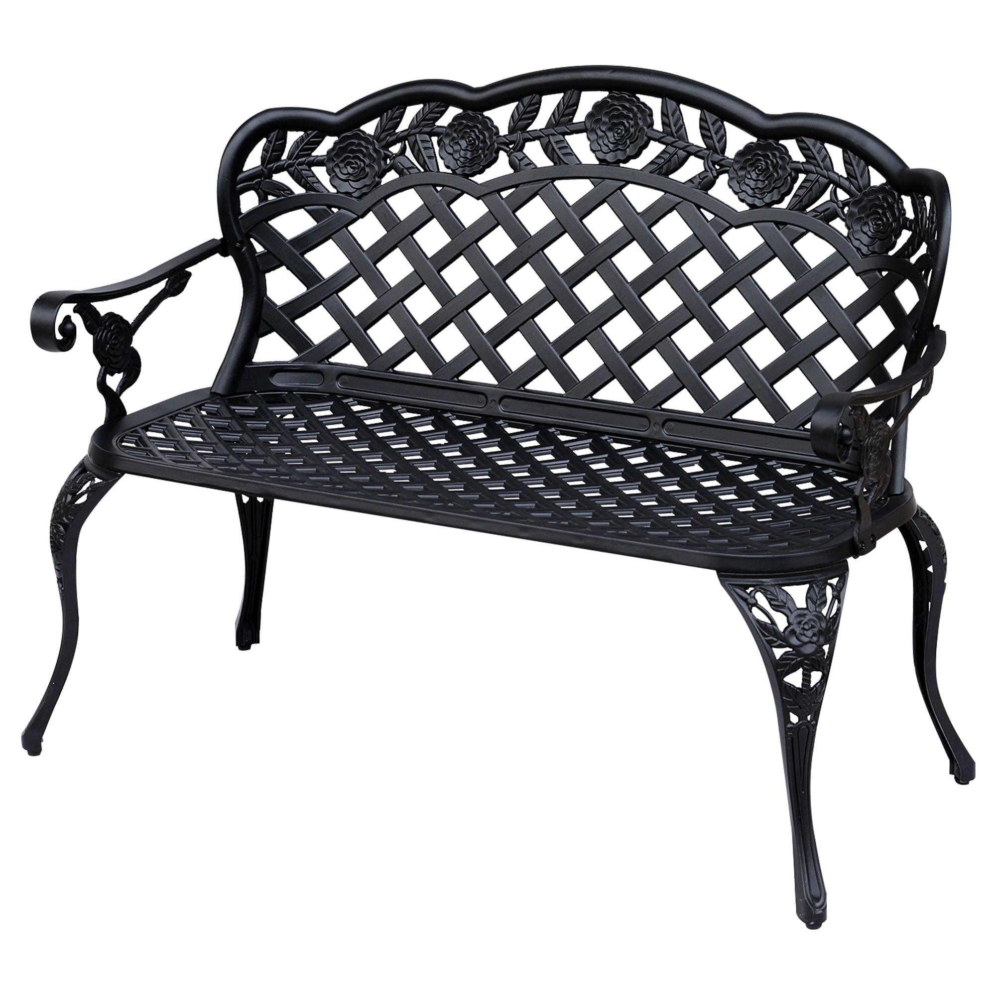 2 Seater Cast Aluminium Garden Bench With Floral Scroll Back - Black