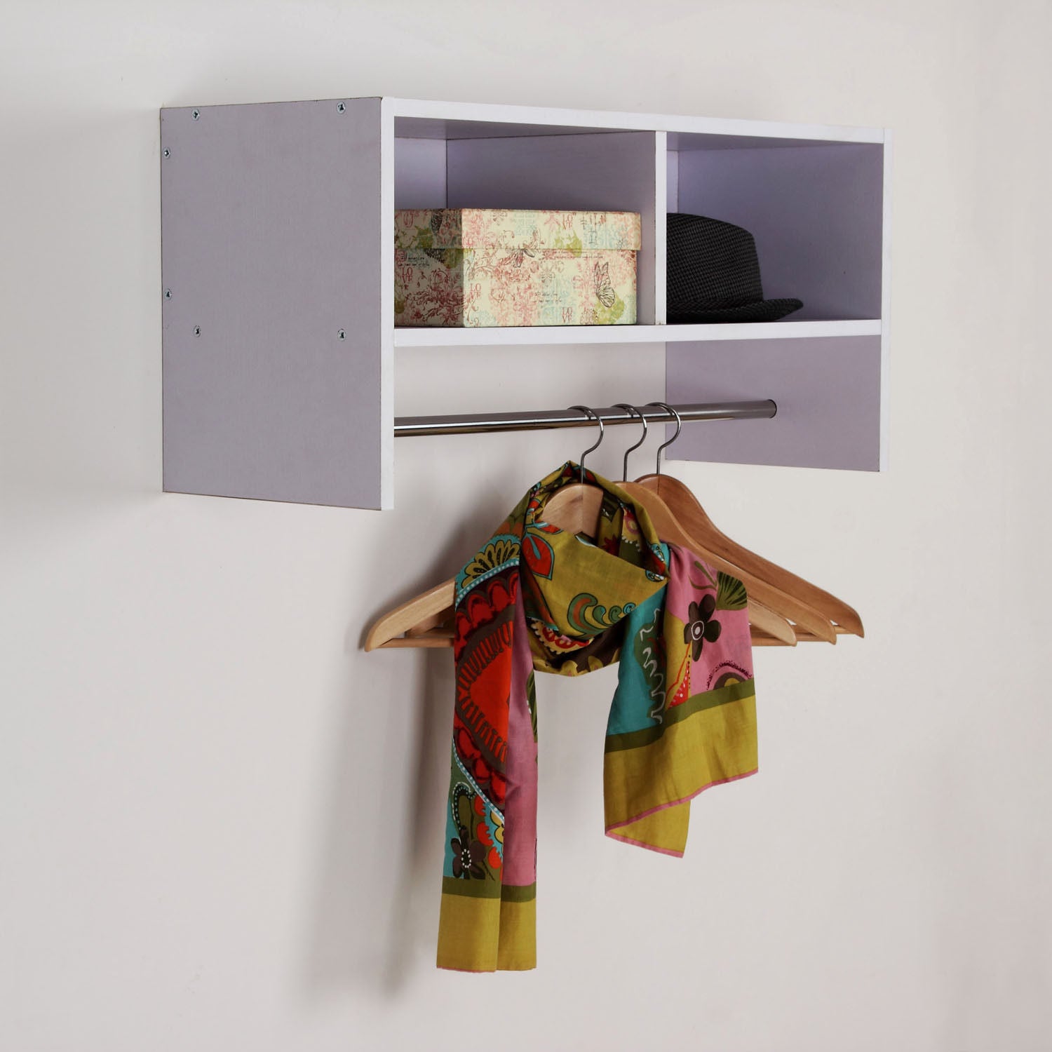 Wall Mounted Coat Rack with Hooks, Rail & Storage Shelves - White