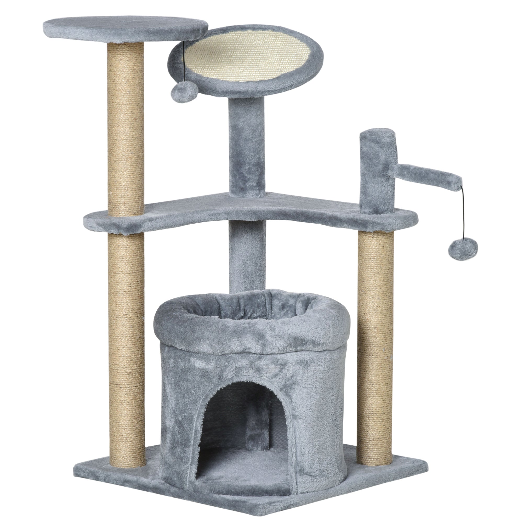 Cat Tree Tower Kitten Activity Center Scratching Post with Condo Bed Scratcher Perch Ball Toy Grey