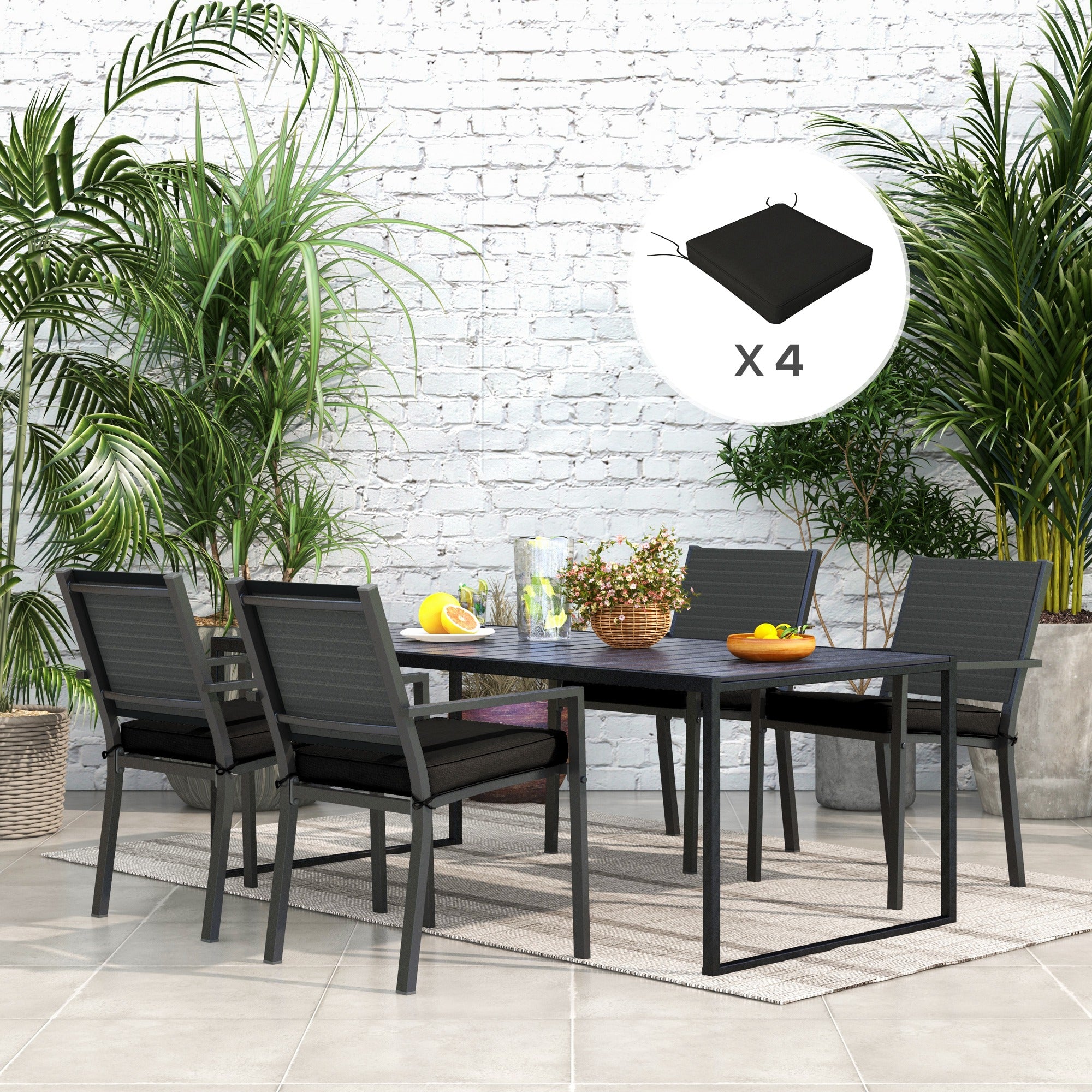 Set of 4 Outdoor Patio Chair Cushions 51x51x8 cm with Ties - Black