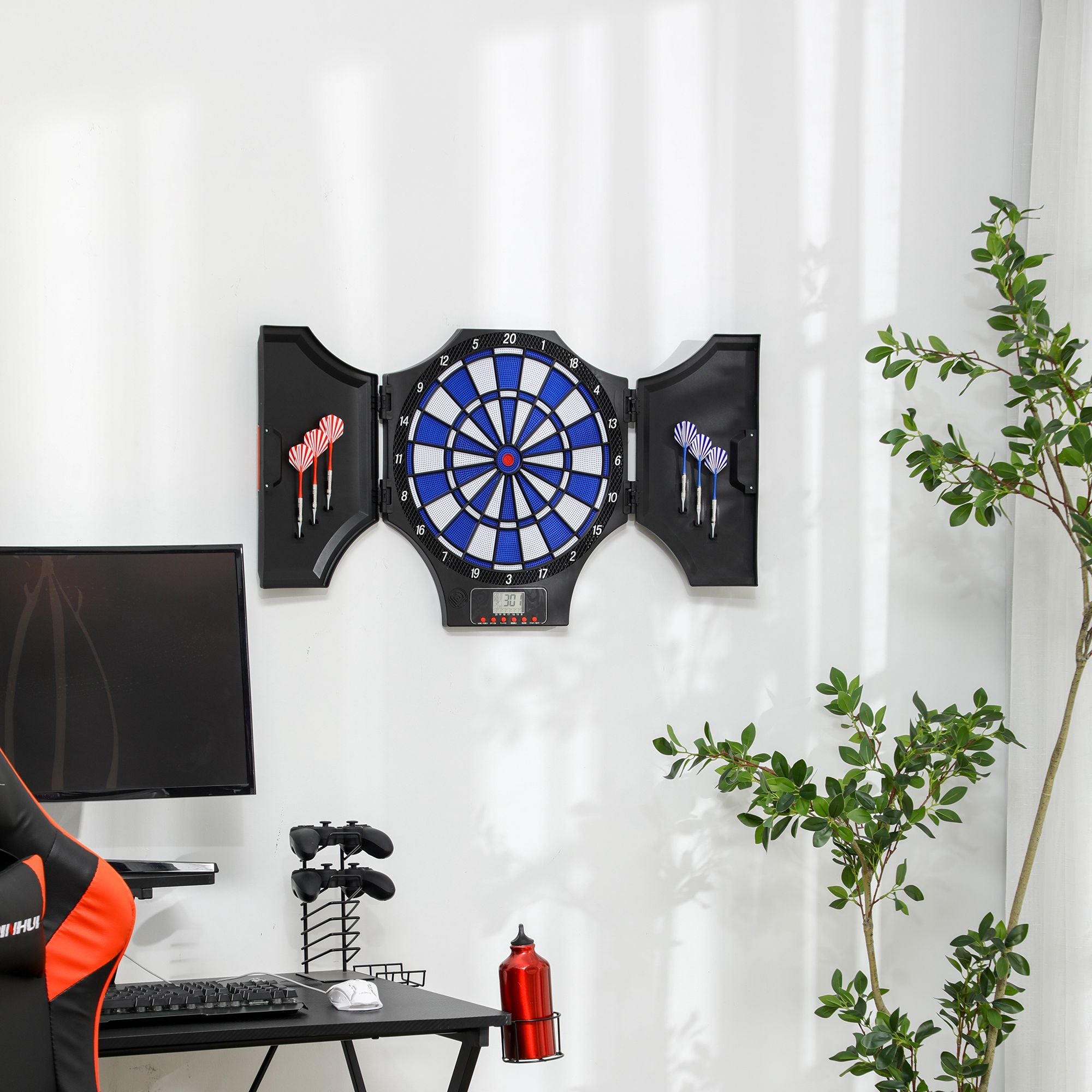 Electronic Dartboard Set with Cabinet, 31 Games, 8 Players, 6 Soft Tip Darts & LCD Scoring - Black and Red