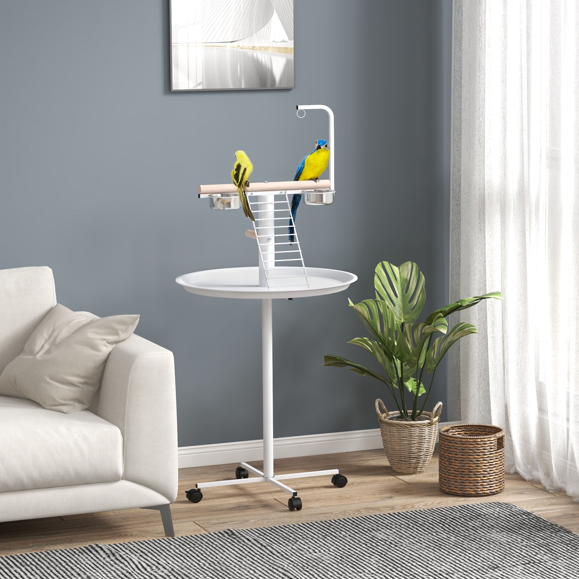 Bird Stand with Four Wheels, Stainless Steel Feed Bowls, Perches & Round Tray for Indoor Outdoor Use - White