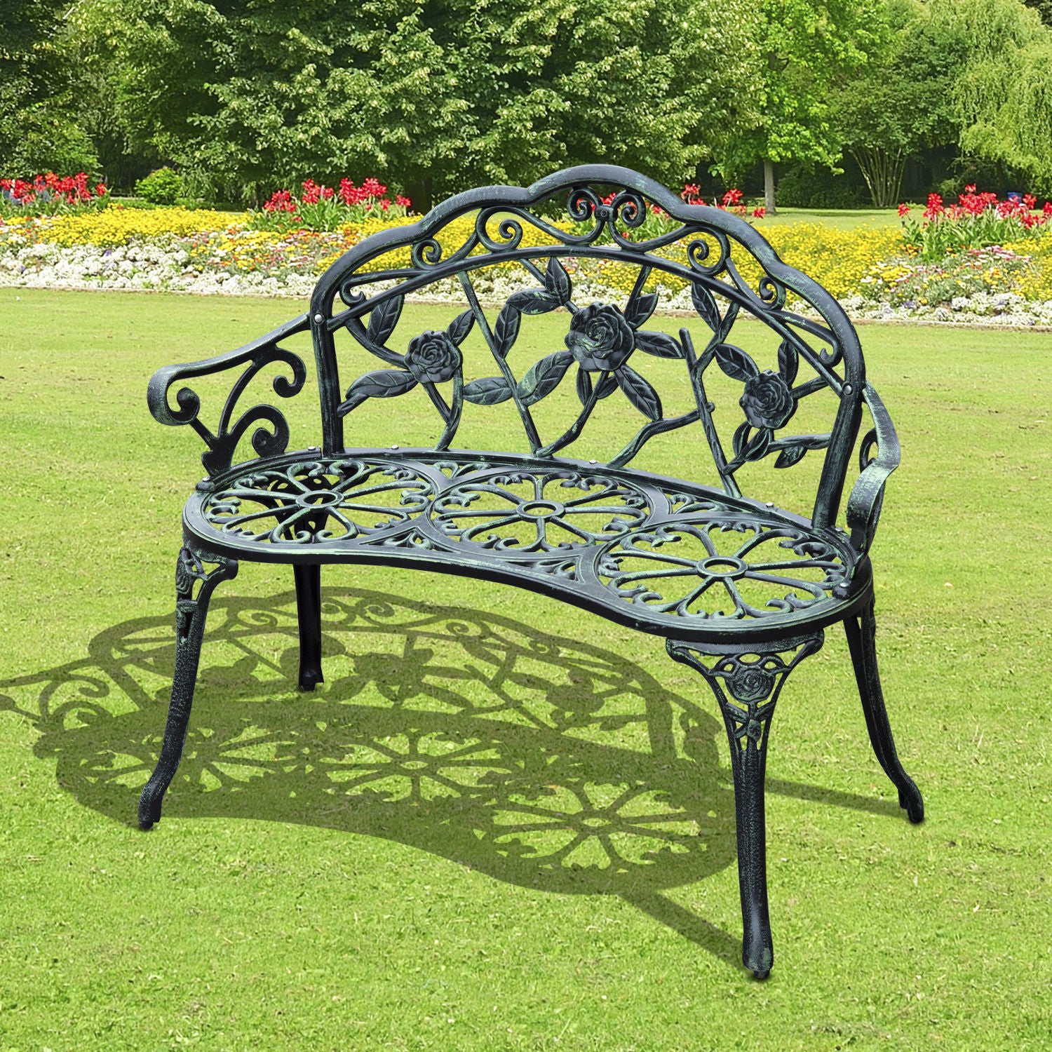 Cast Aluminium Outdoor Garden Patio Bench with Antique Rose Design - Green