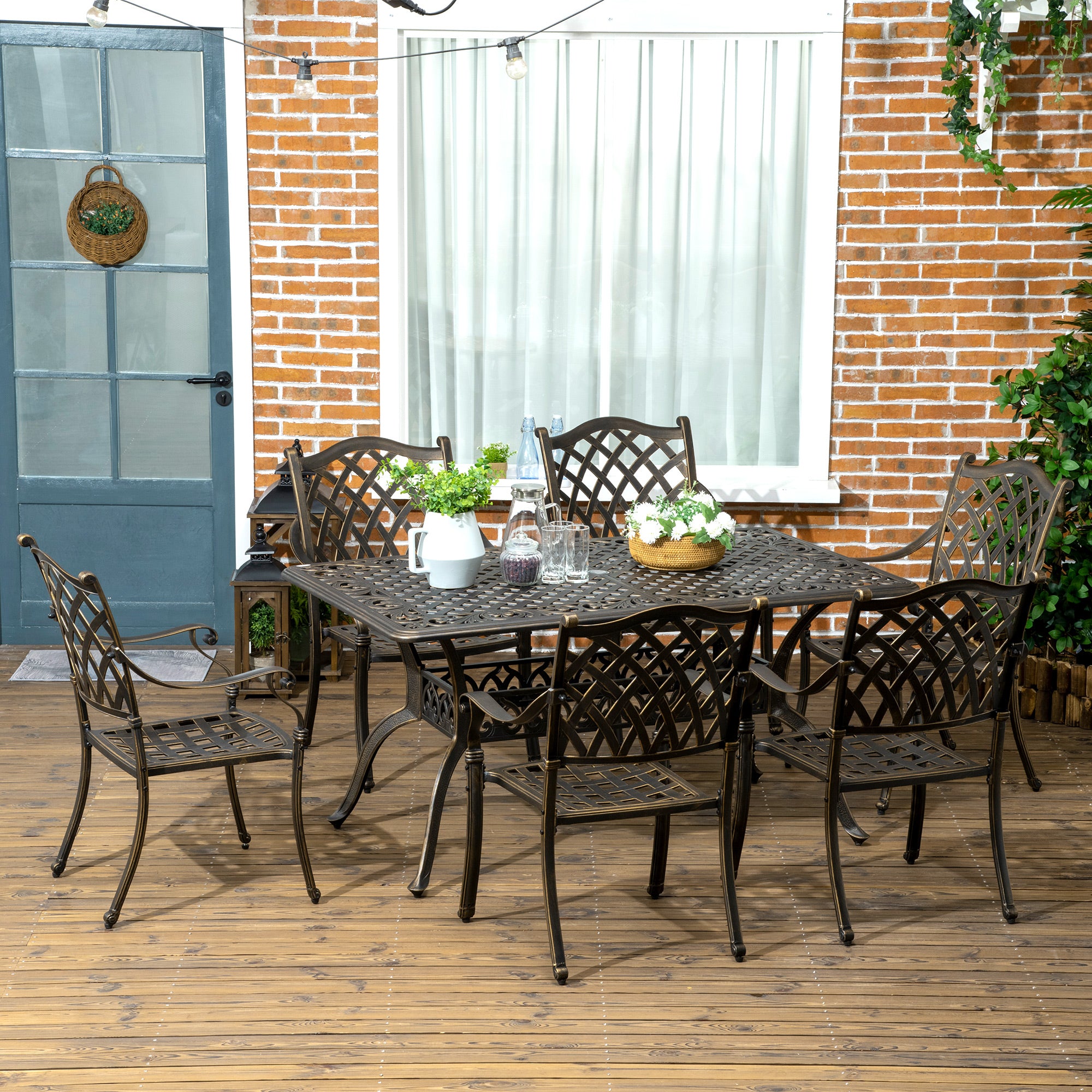 6-Seater Cast Aluminum Patio Dining Set with Cushioned Chairs & Umbrella Hole - Bronze