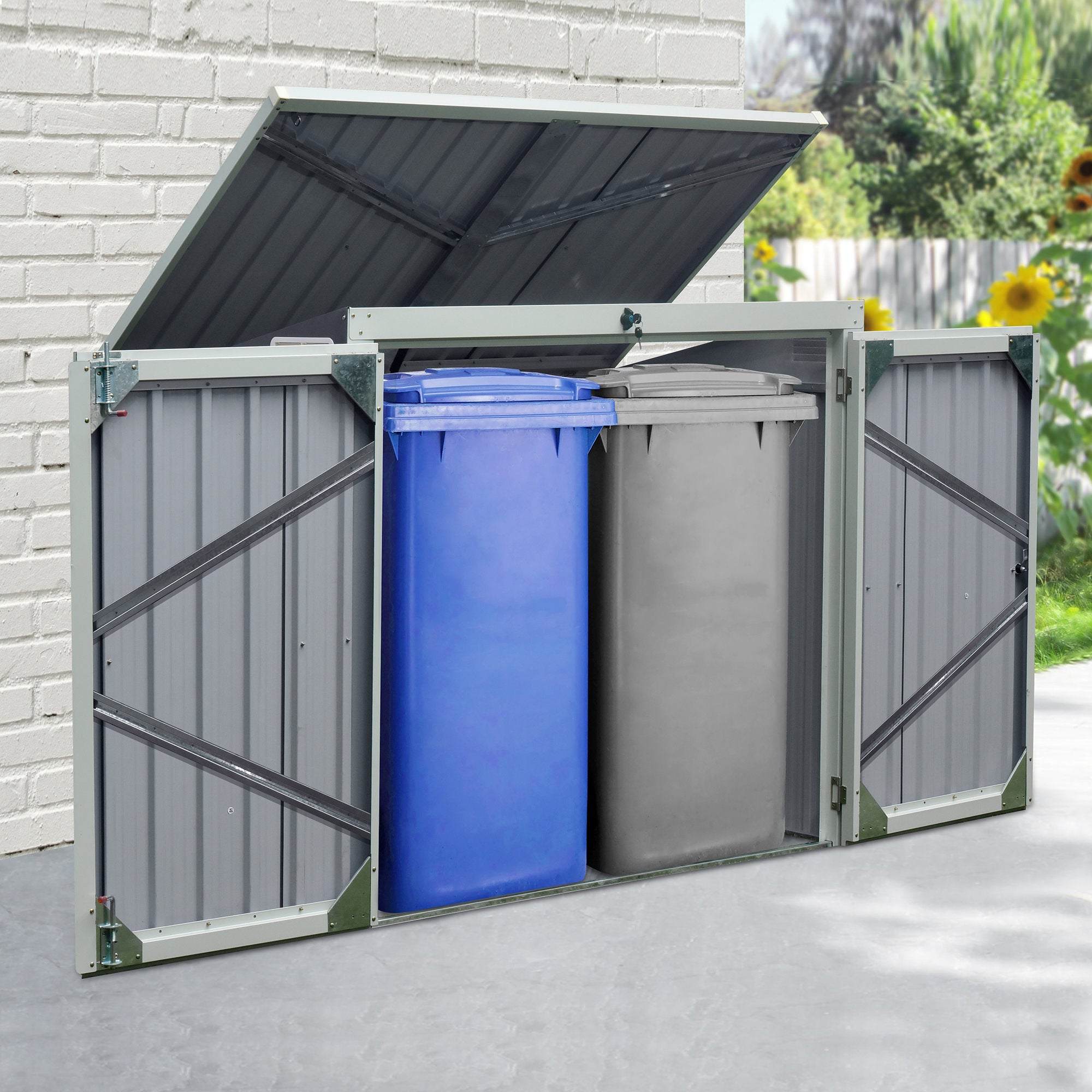 5ft Garden 2-Bin Steel Rubbish Storage Shed with Lockable Doors - Grey