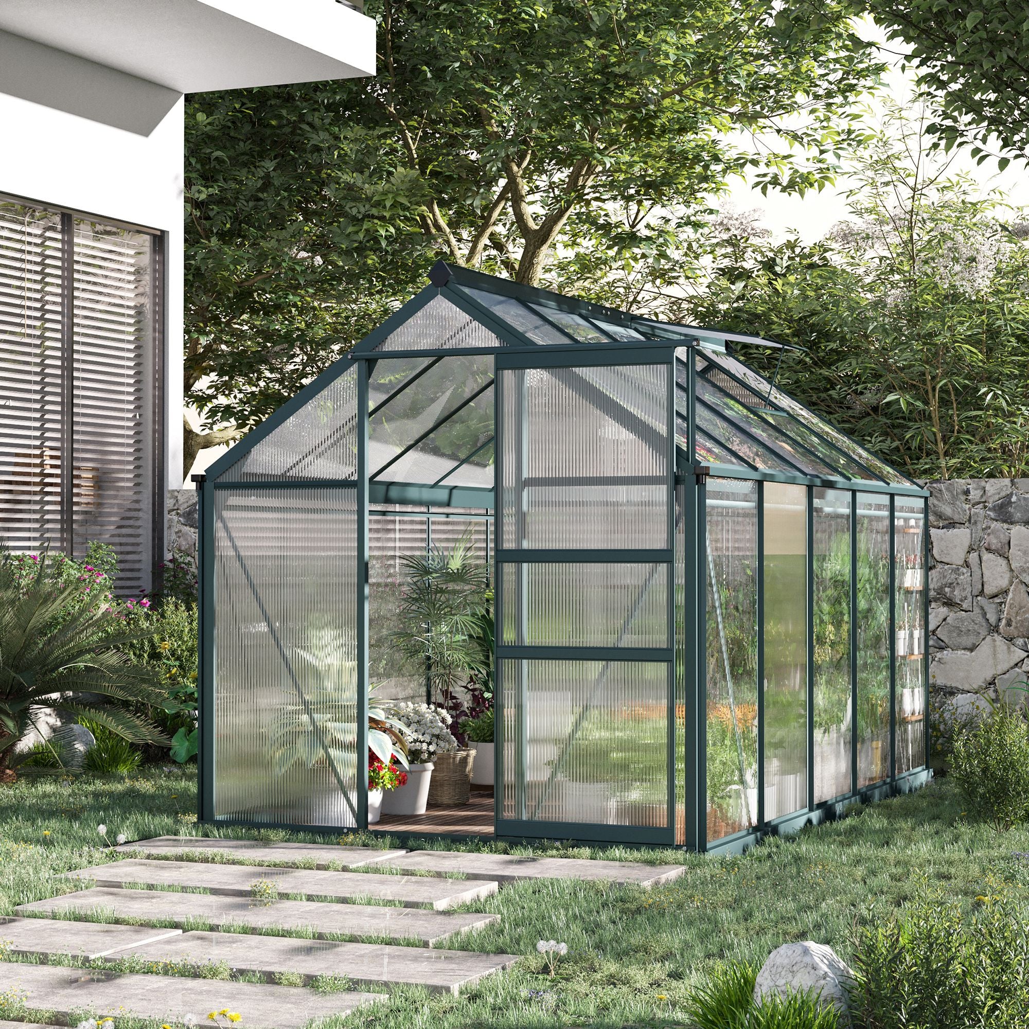 Large Aluminium Frame Walk-In Greenhouse with Galvanized Base and Slide Door - Green