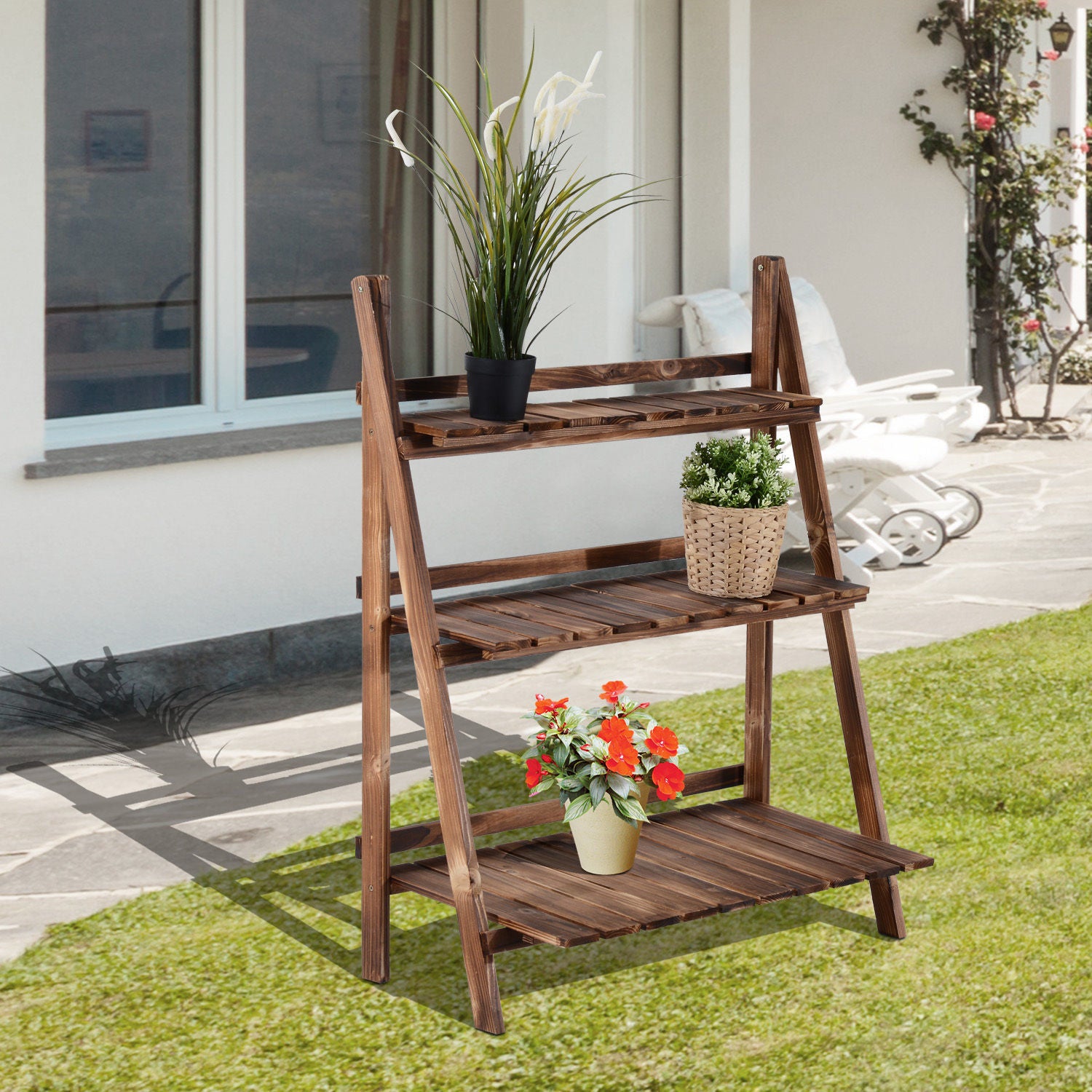 3 Tier Wooden Folding Flower Pot Stand Ladder Garden Display Rack