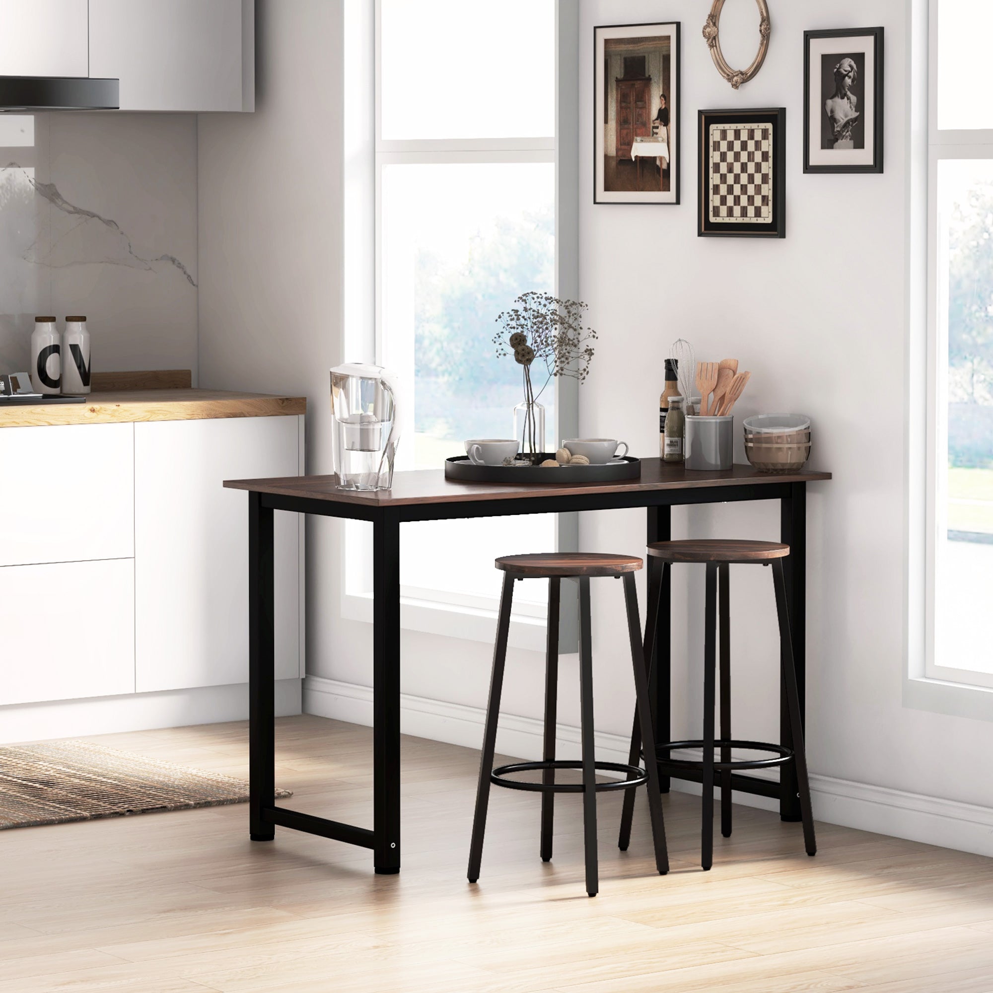 Industrial Bar Stools Set of 2 with Rustic Brown Seats - Kitchen and Dining