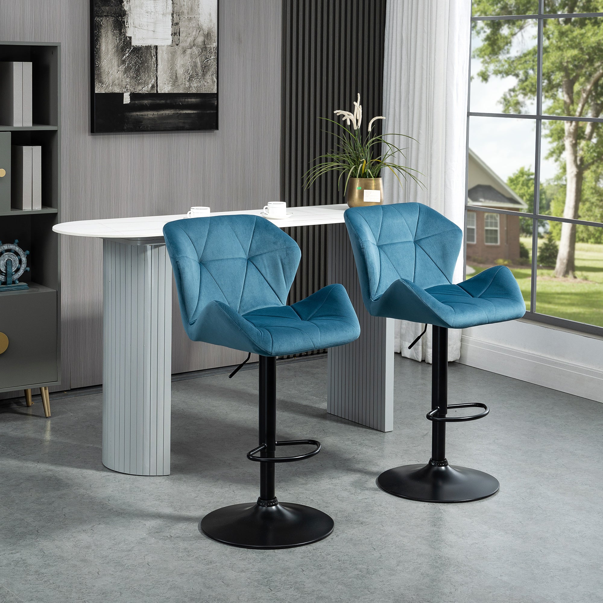 Luxurious Velvet Bar Stools Set of 2 with Adjustable Height - Blue