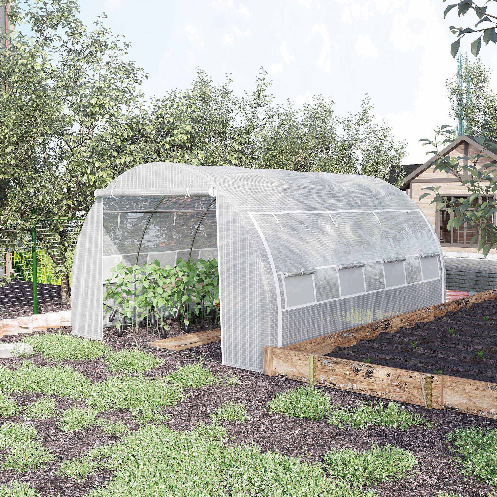 4 x 3 x 2 Metre Polytunnel Greenhouse Set with Steel Frame and Reinforced Cover - White