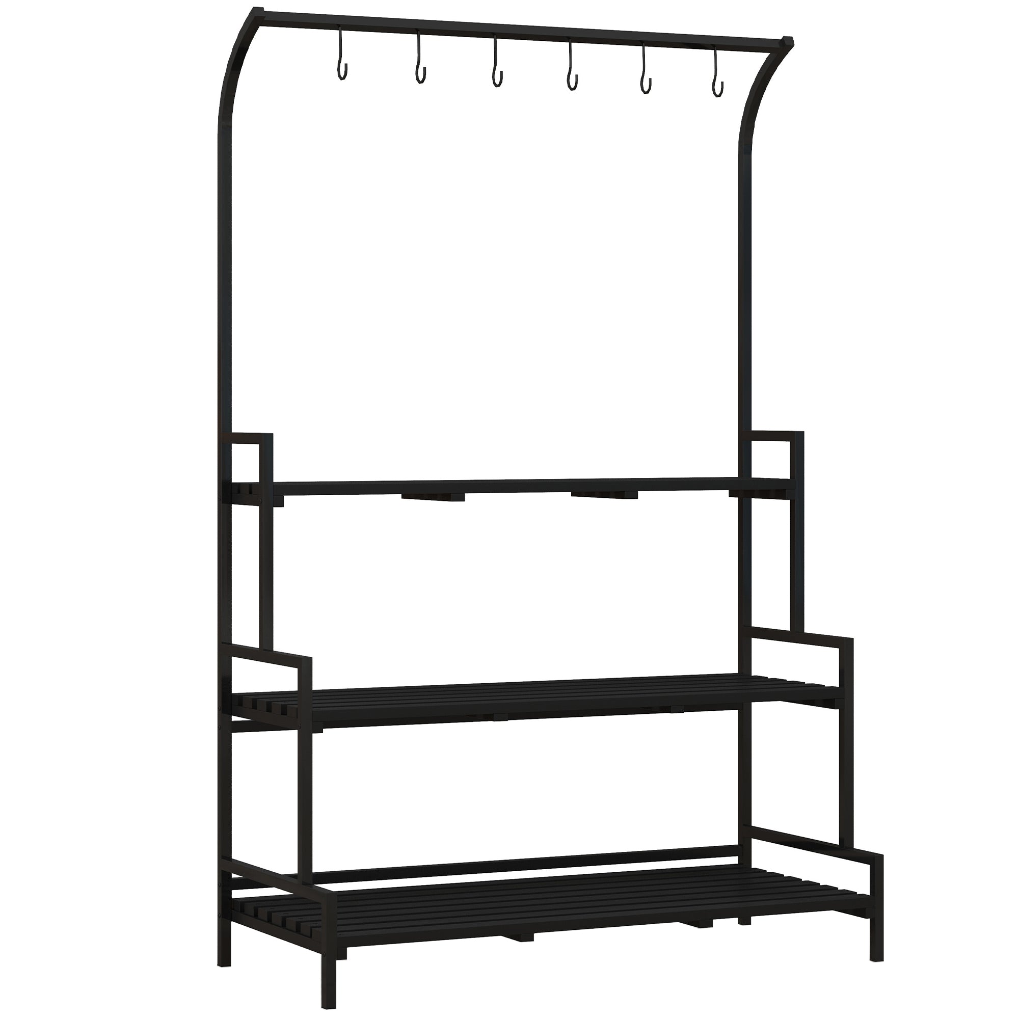 3 Tiered Steel Plant Rack with Wooden Shelves and Hooks - Black