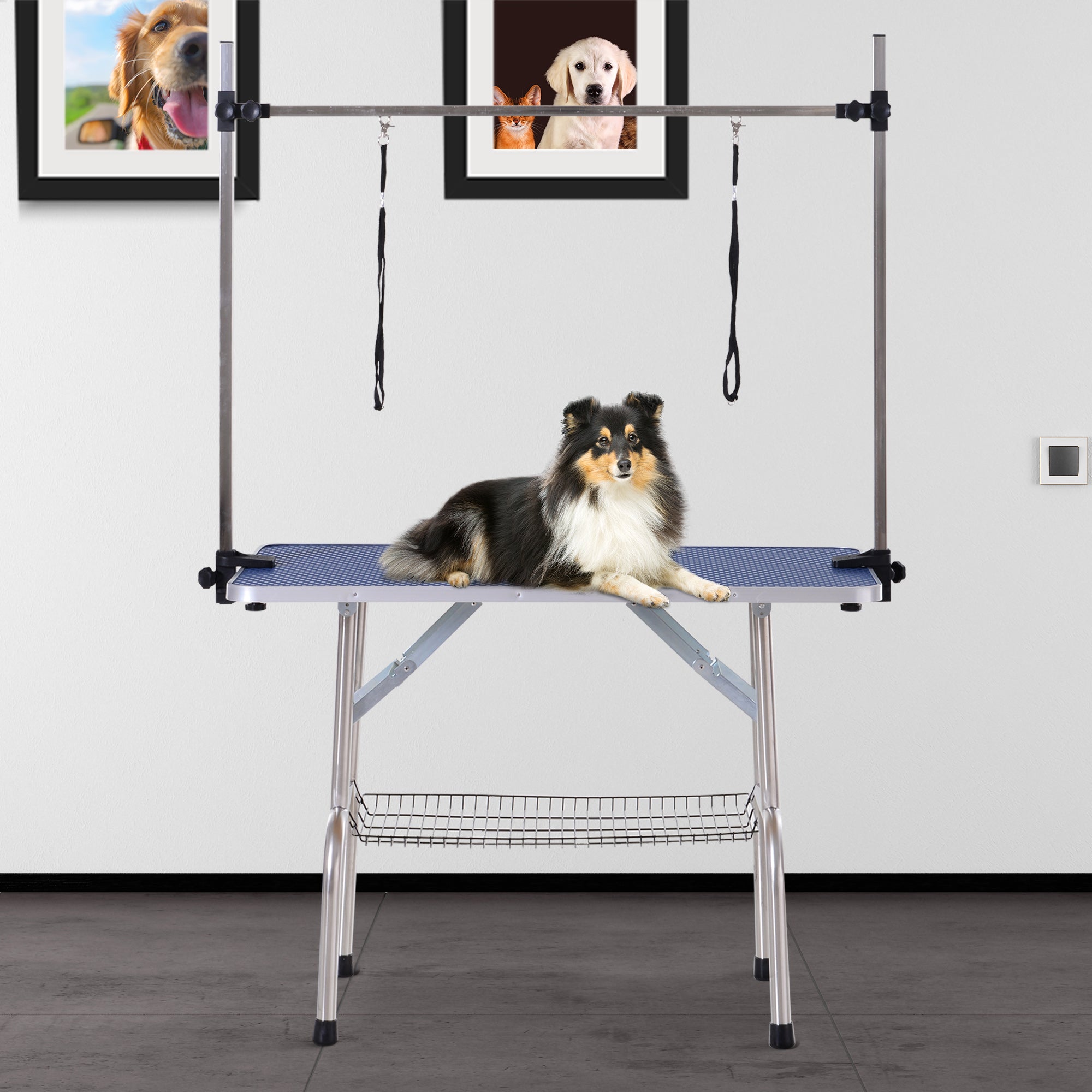 Adjustable Dog Grooming Table with Rubber Top, 2 Safety Slings & Mesh Storage Basket 107x60x170cm - Blue