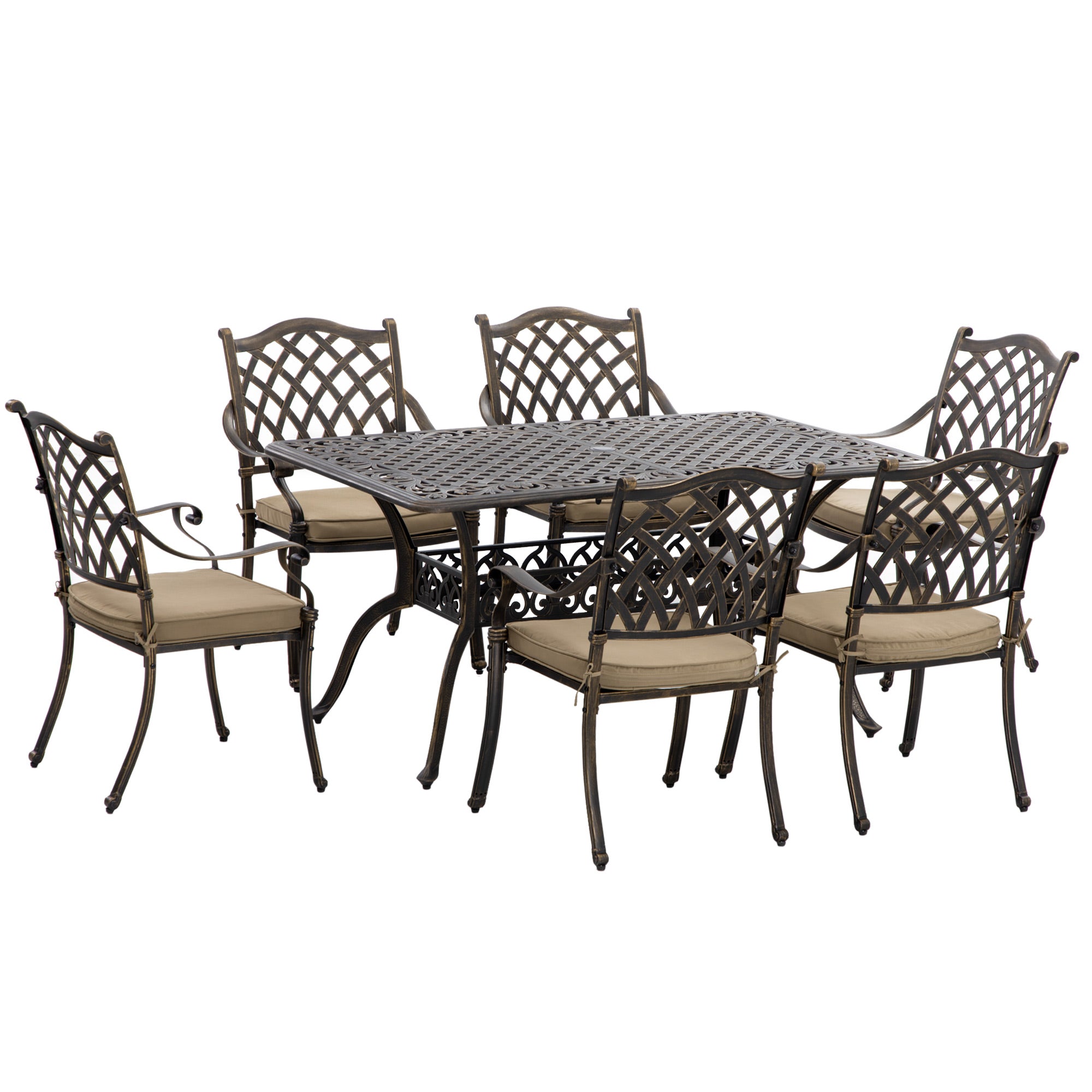 6-Seater Cast Aluminum Patio Dining Set with Cushioned Chairs & Umbrella Hole - Bronze