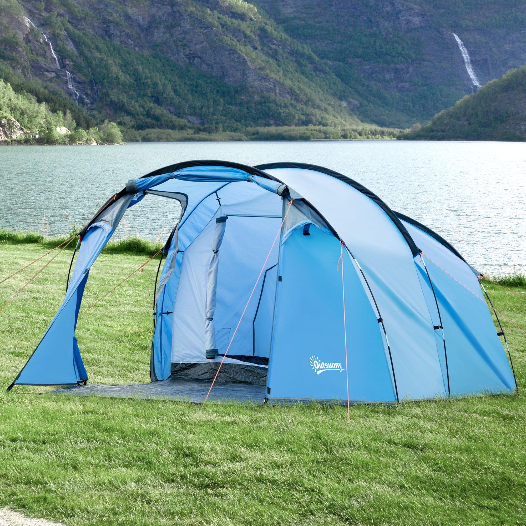 3 Man Tunnel Camping Tent with Vestibule and Weather-Resistant Rainfly - Blue