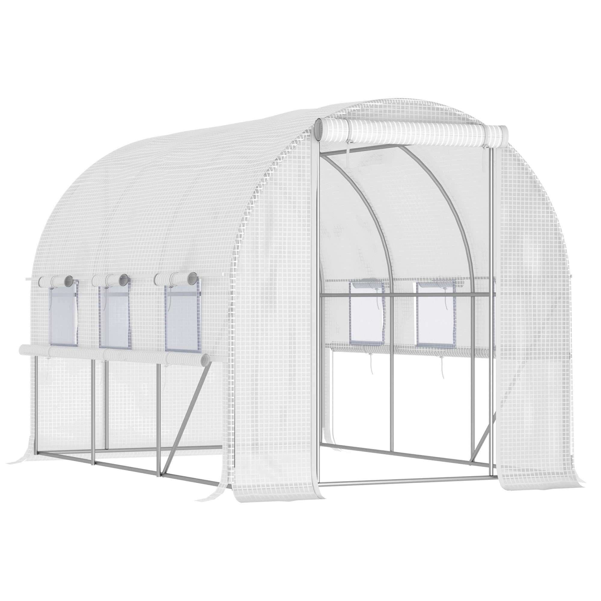 3 x 2 x 2m Walk-In Polytunnel Greenhouse with PE Cover and Mesh Windows - White