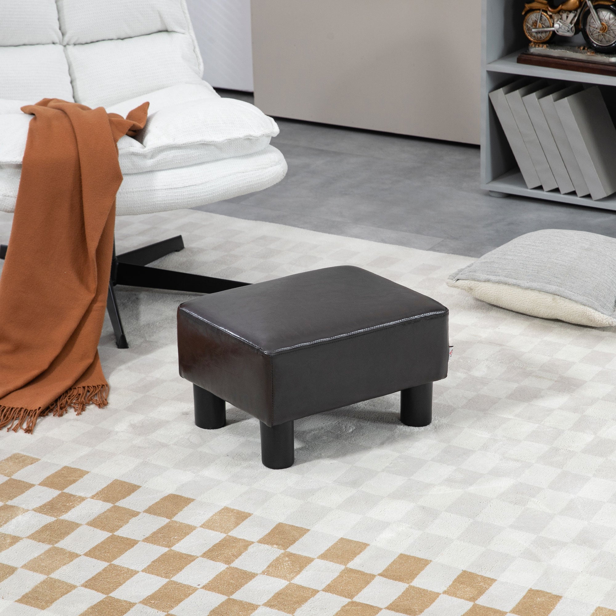 PU Leather Footstool Ottoman Cube with Plastic Legs - Brown