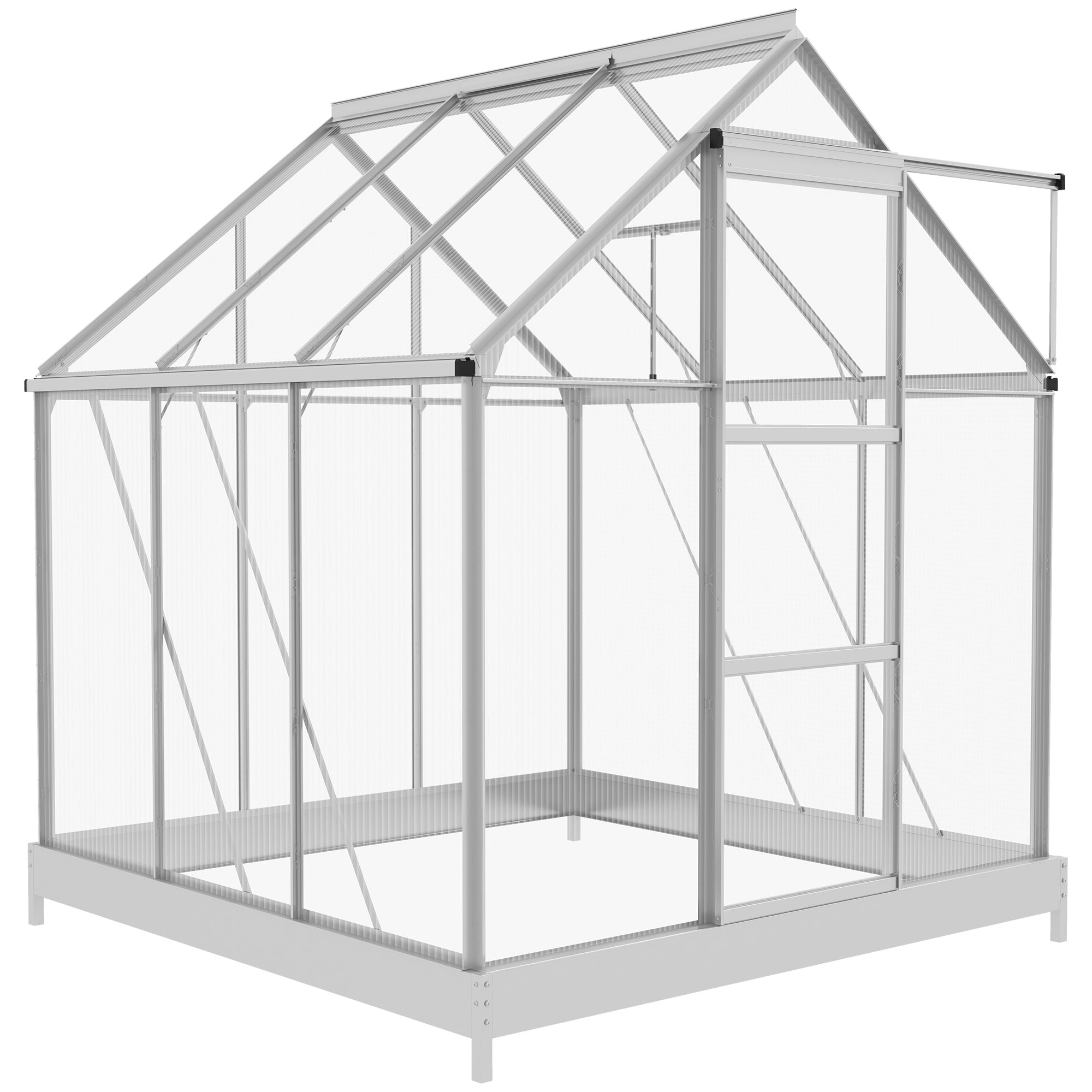 6x6ft Aluminium Frame Polycarbonate Greenhouse with Sliding Door Silver