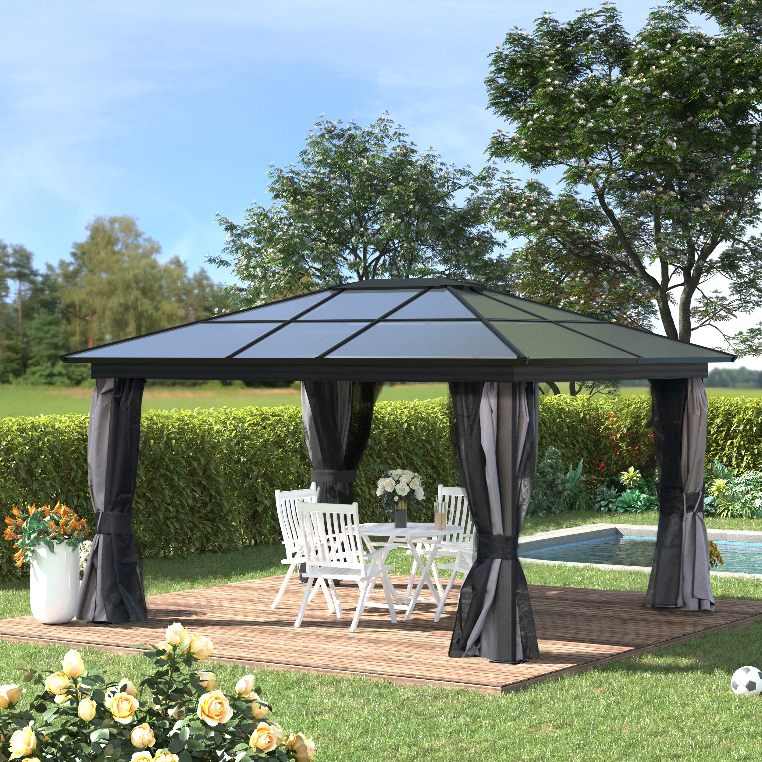 4 Metre Hardtop Gazebo Set with Aluminium Frame and UV Resistant Roof - Black and Dark Grey