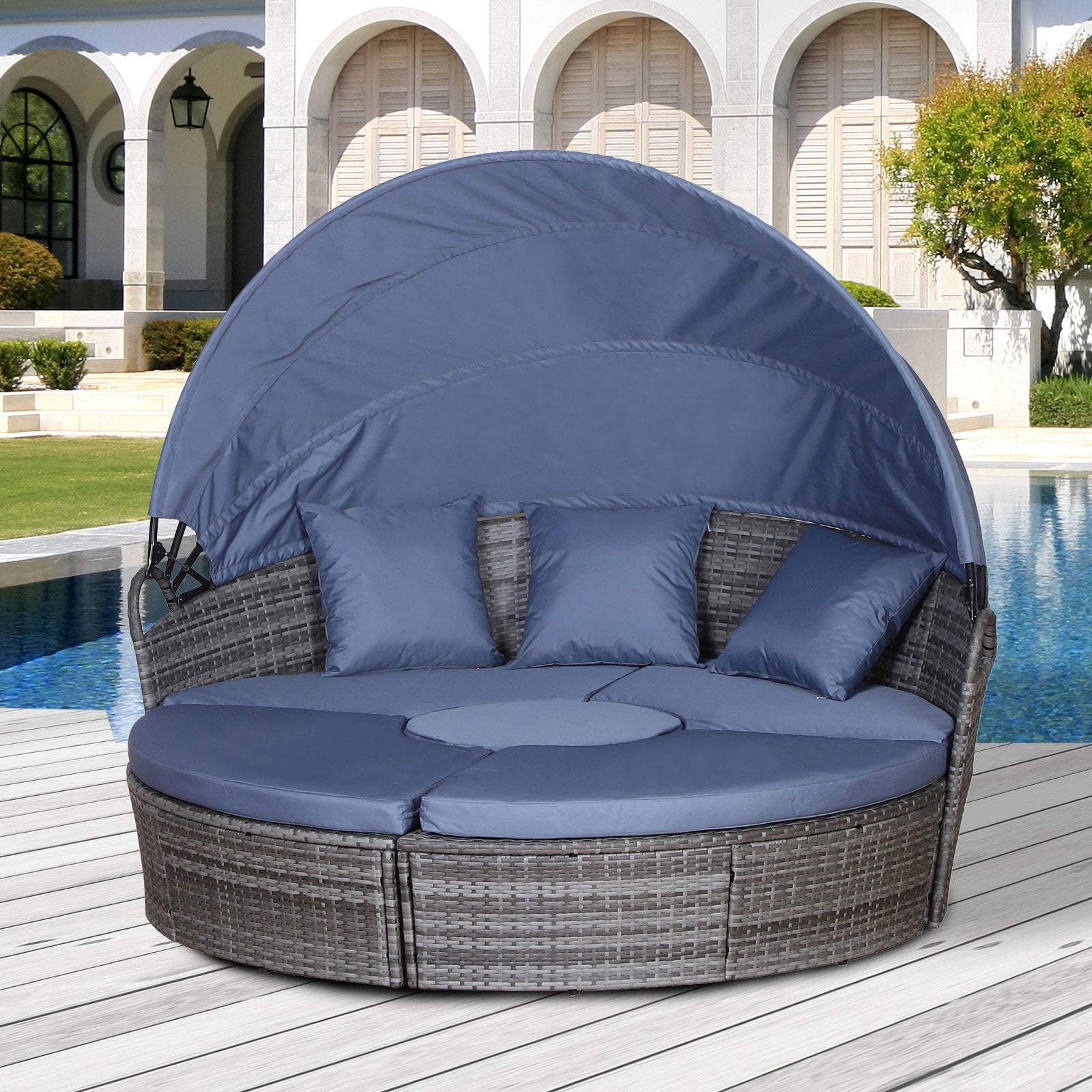 6 Piece Grey Rattan Sofa Bed Garden Set with Cushions and Coffee Table - Grey