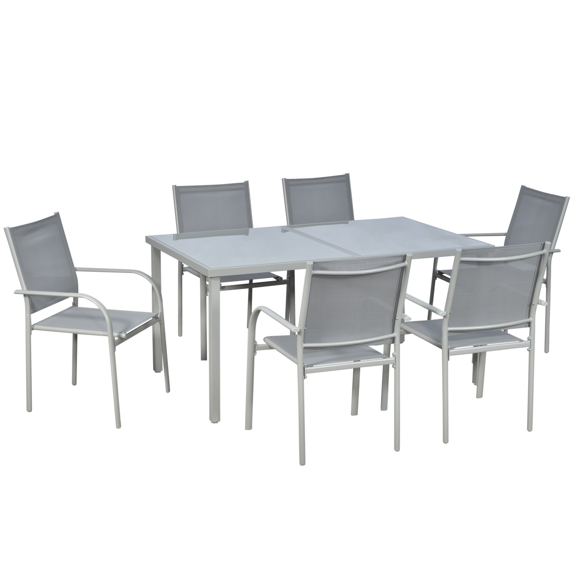 7 Piece Garden Dining Set with Tempered Glass Table and Stackable Chairs - Grey