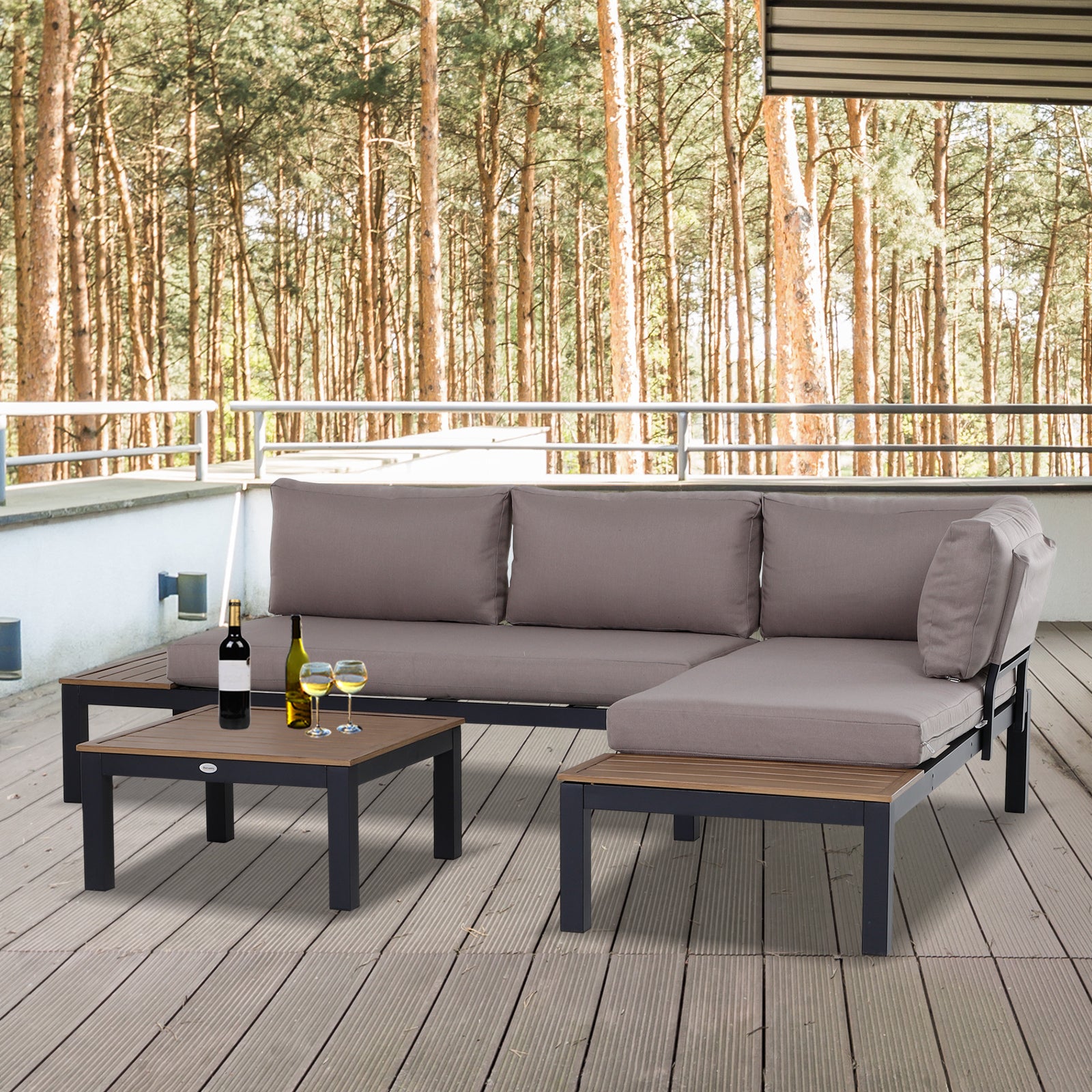 3 Piece Aluminium Frame Garden Furniture Set with Sofa, Chaise Lounge & Coffee Table - Mixed Grey