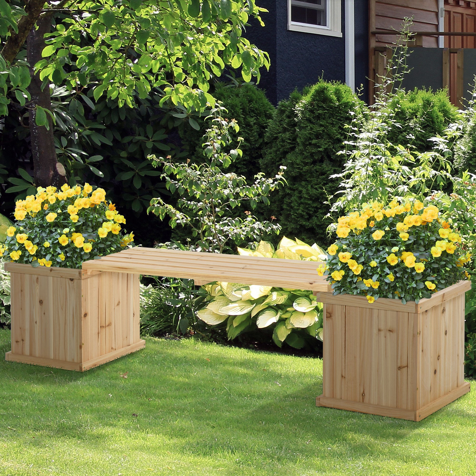 Wooden Garden Planter and Bench Raised Bed Combination - Natural Brown
