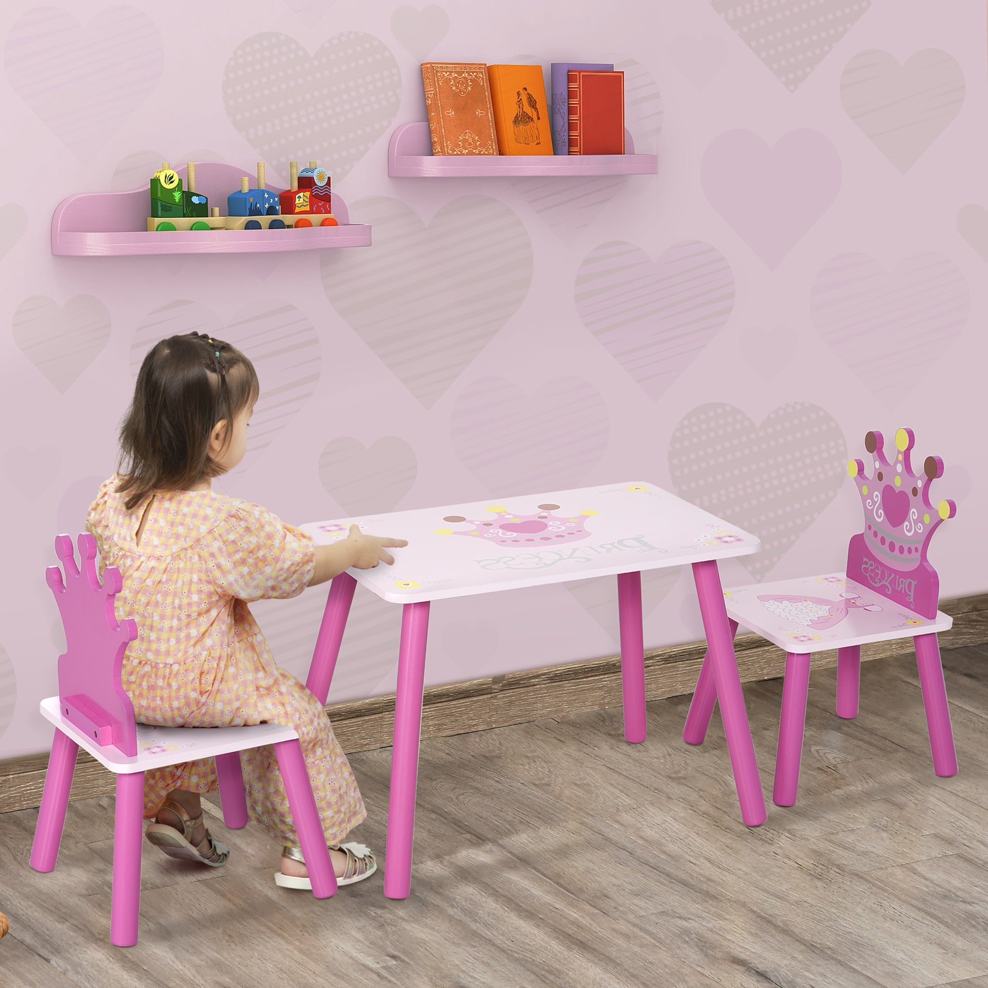 3 Piece Kids Wooden Table and Chair Set with Crown Pattern Pink