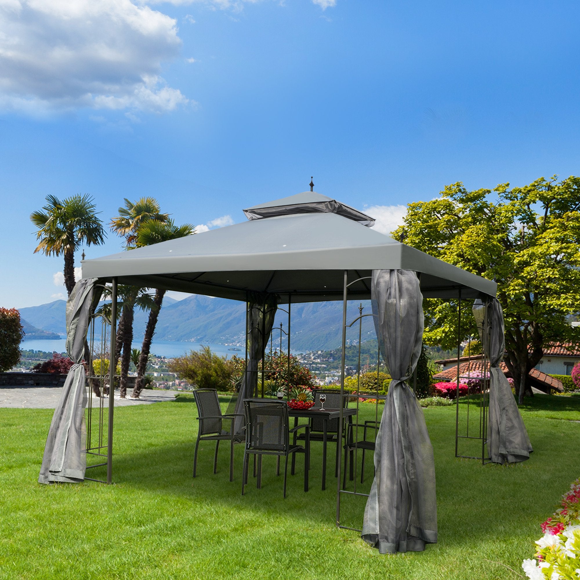 3 Metre Double Tier Garden Gazebo With Mesh Curtains - Grey