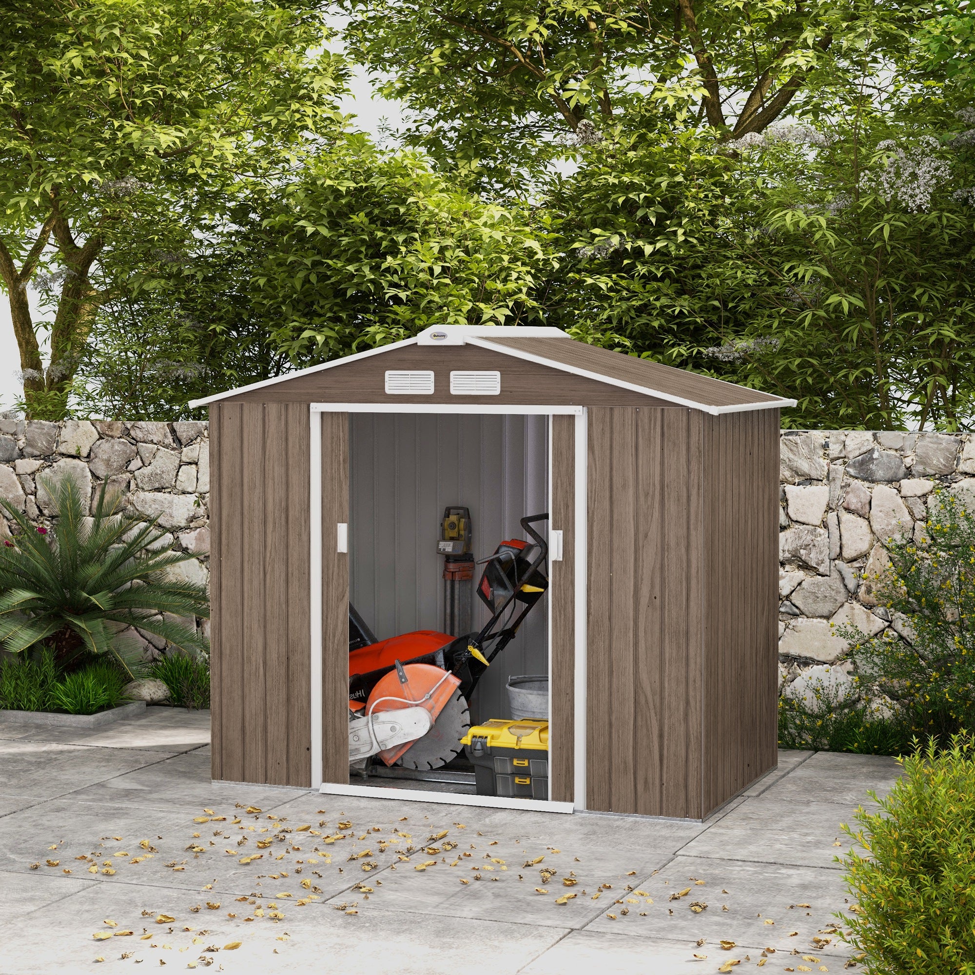 7ft x 4ft Metal Garden Storage Shed with Lockable Doors - Brown