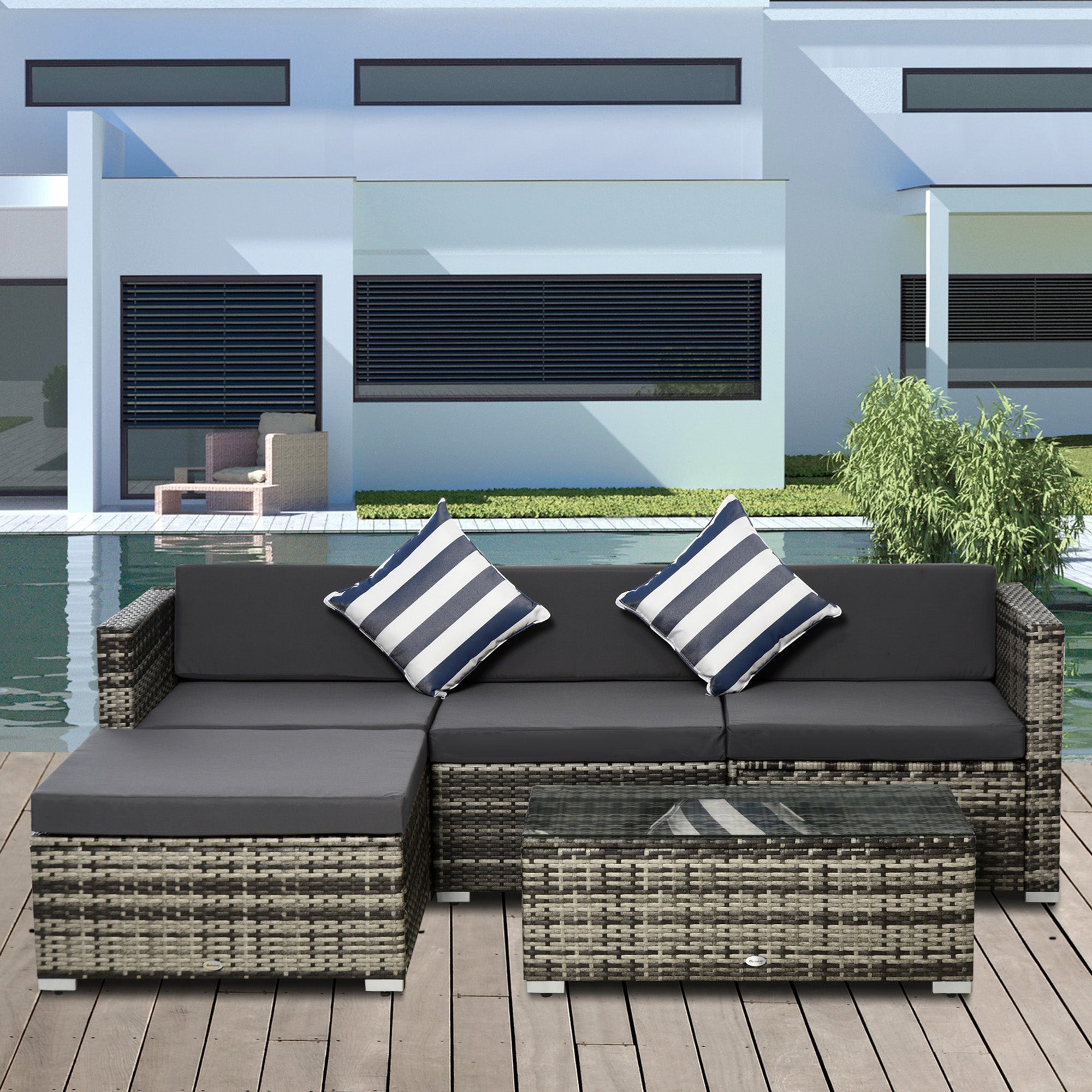 4-Seater Garden Rattan Furniture Set with Cushions and Glass Table - Mixed Grey