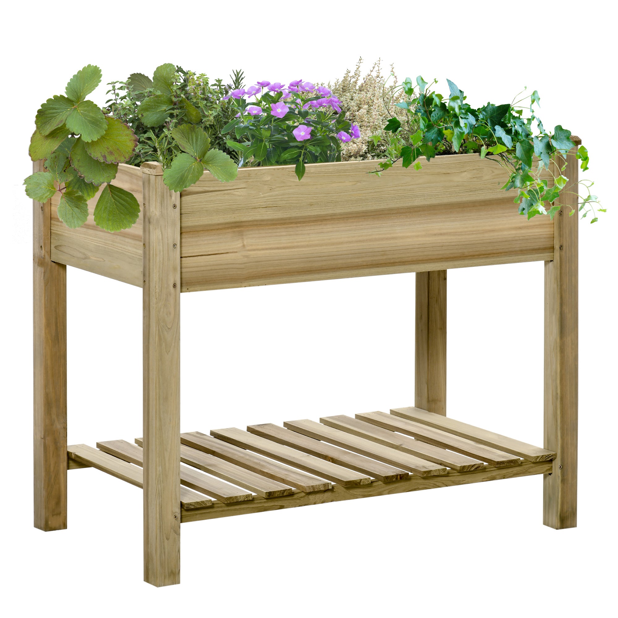 2 Tier Wooden Raised Garden Bed with Storage Shelf - Natural Wood