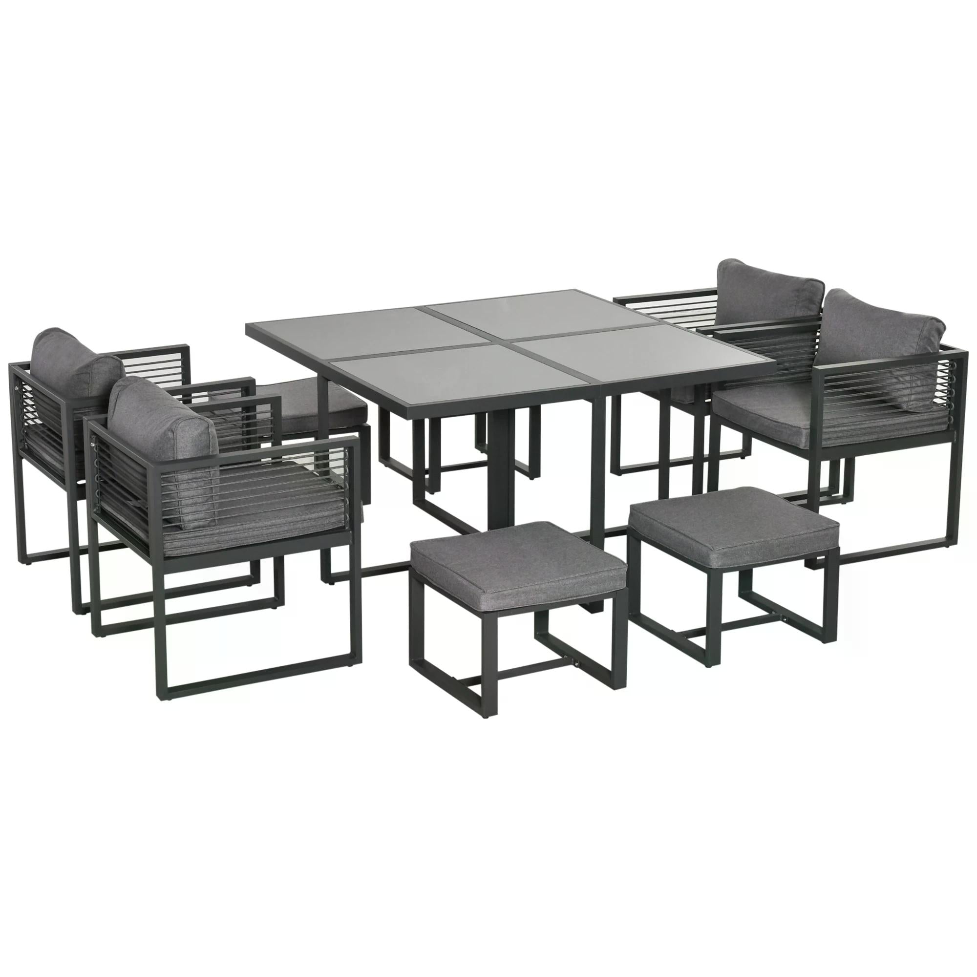 8 Seater Aluminium Garden Dining Cube Set with Table, 4 Chairs & 4 Footstools with Cushions - Grey