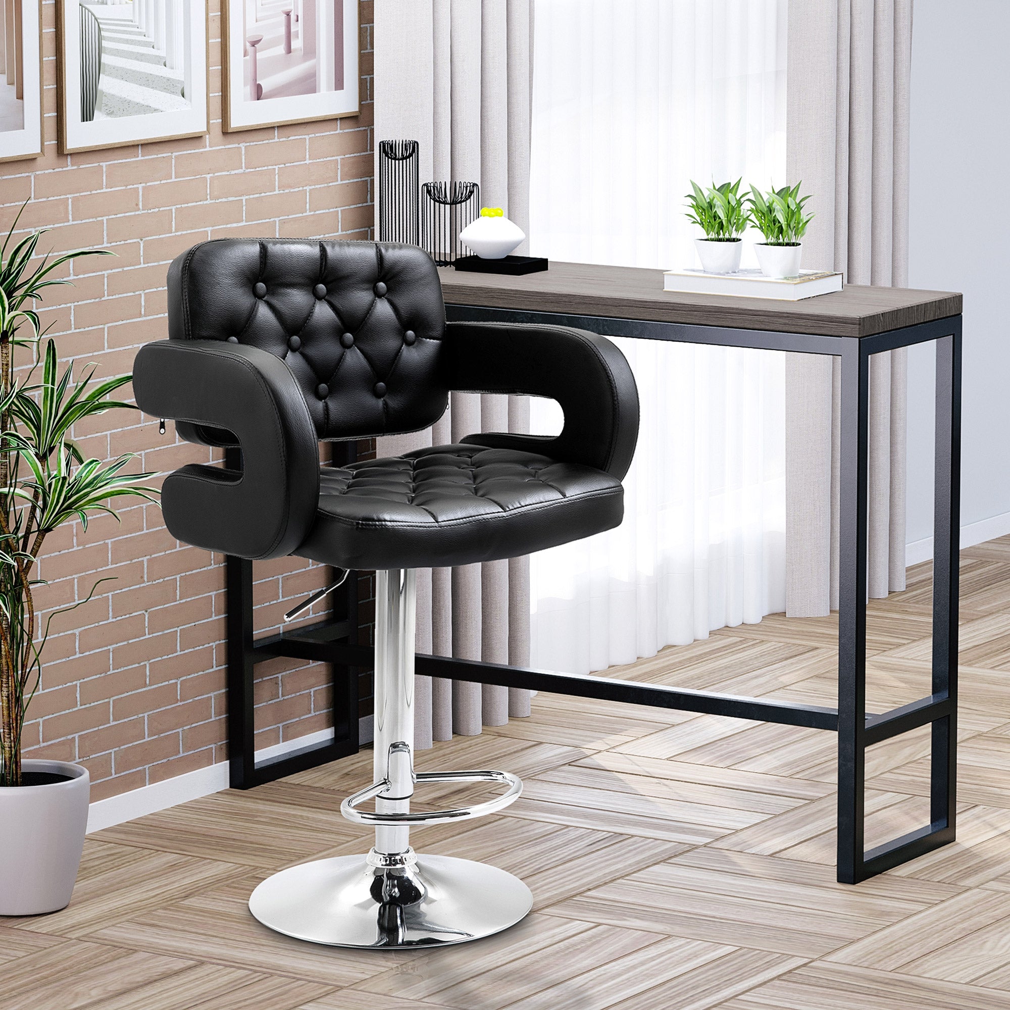 PU Leather Upholstered Adjustable Swivel Bar Stool with Back, Armrest & Footrest - Black
