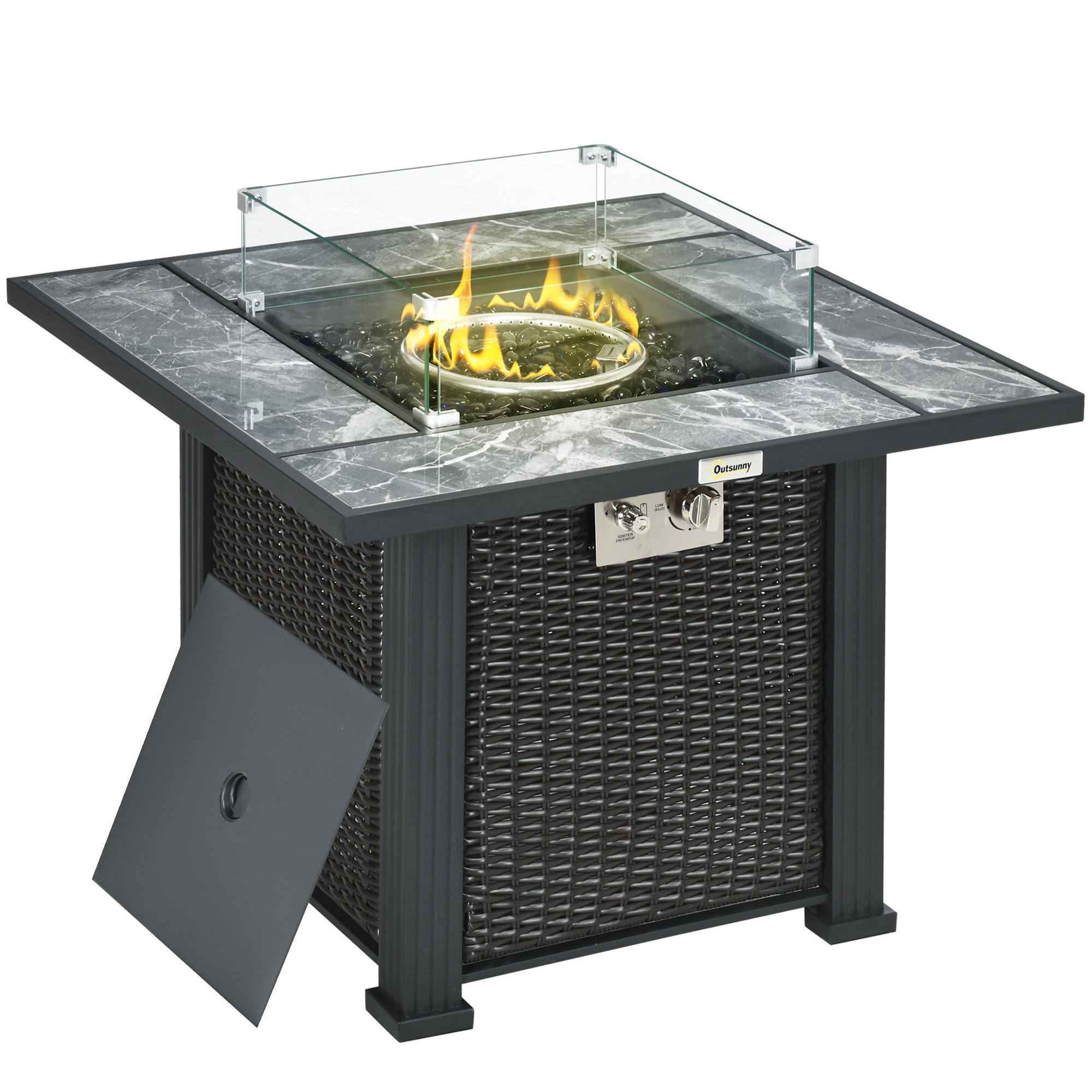 Outdoor PE Rattan Gas Fire Pit Table with Marble Top and Glass Windscreen - Black