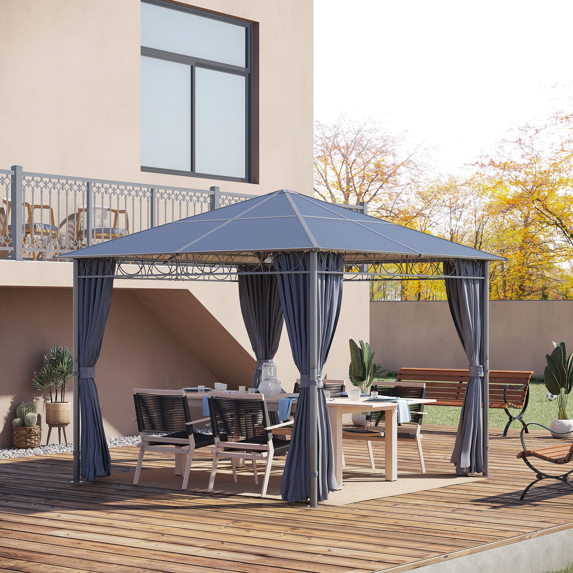 3 x 3m Hardtop Gazebo with UV Resistant Polycarbonate Roof, Steel & Aluminium Frame, Garden Pavilion with Curtains - Grey