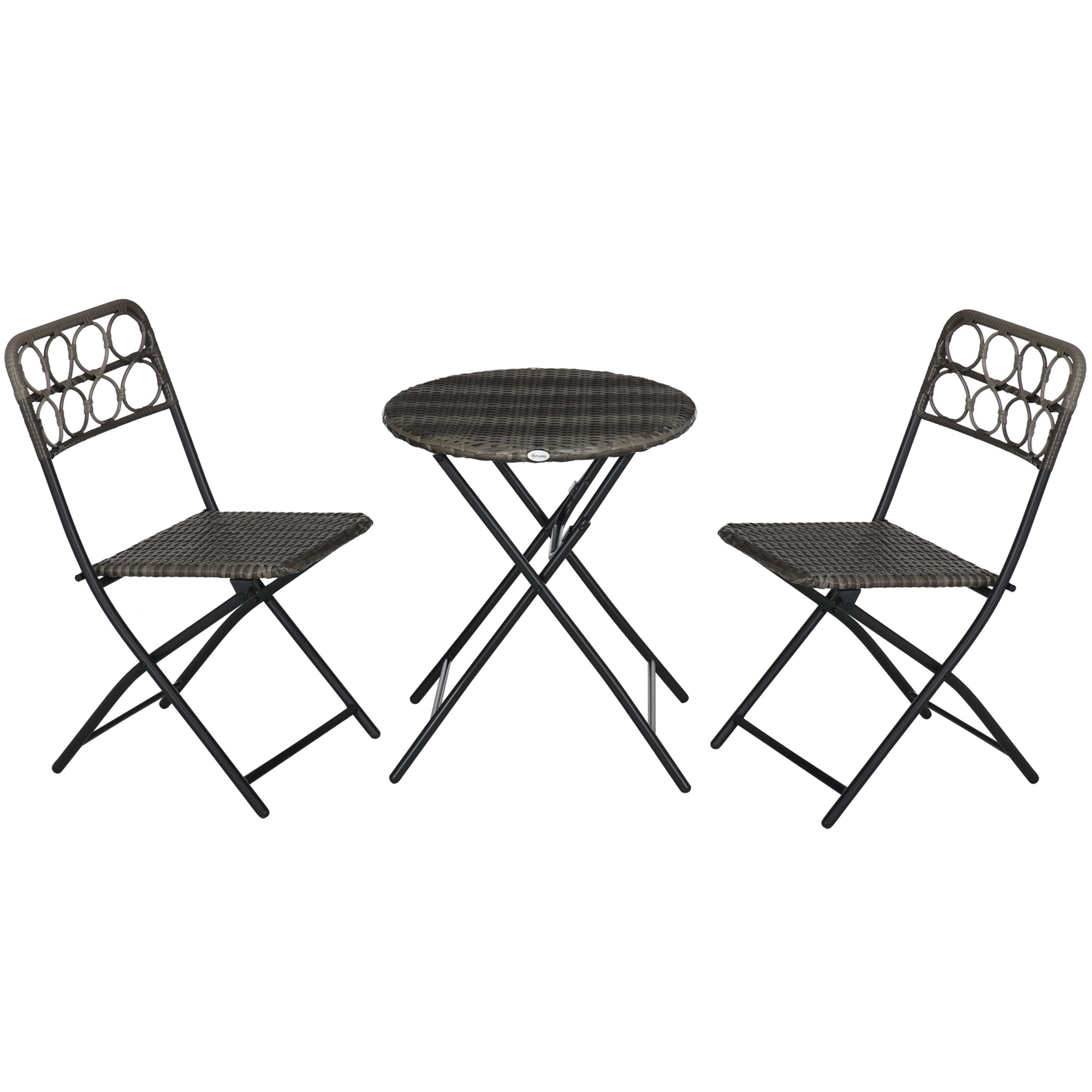 3 Piece Folding Rattan Bistro Set with Hand Woven Table and Chairs Grey