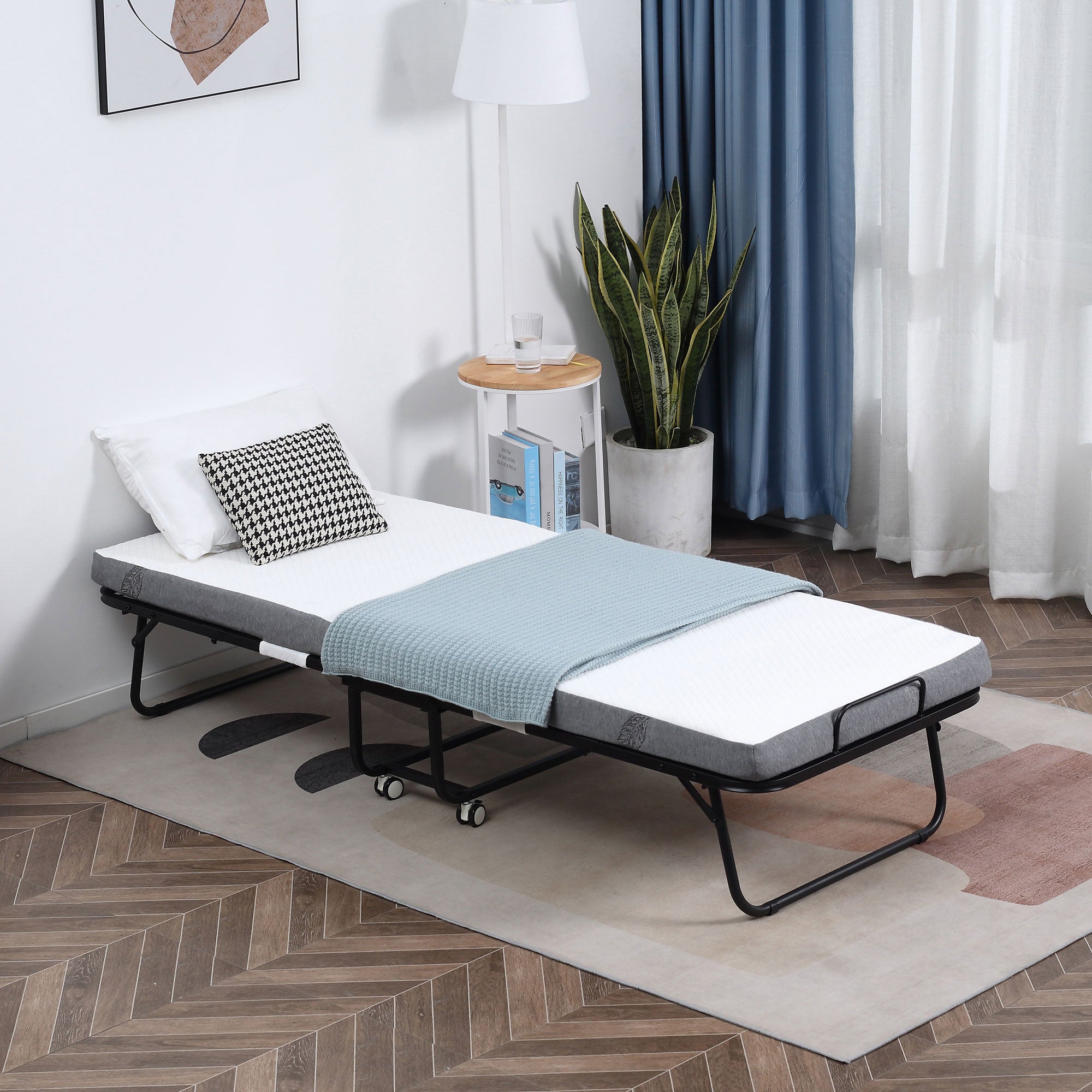 Portable Folding Bed with 10cm Mattress on Wheels - White/Black