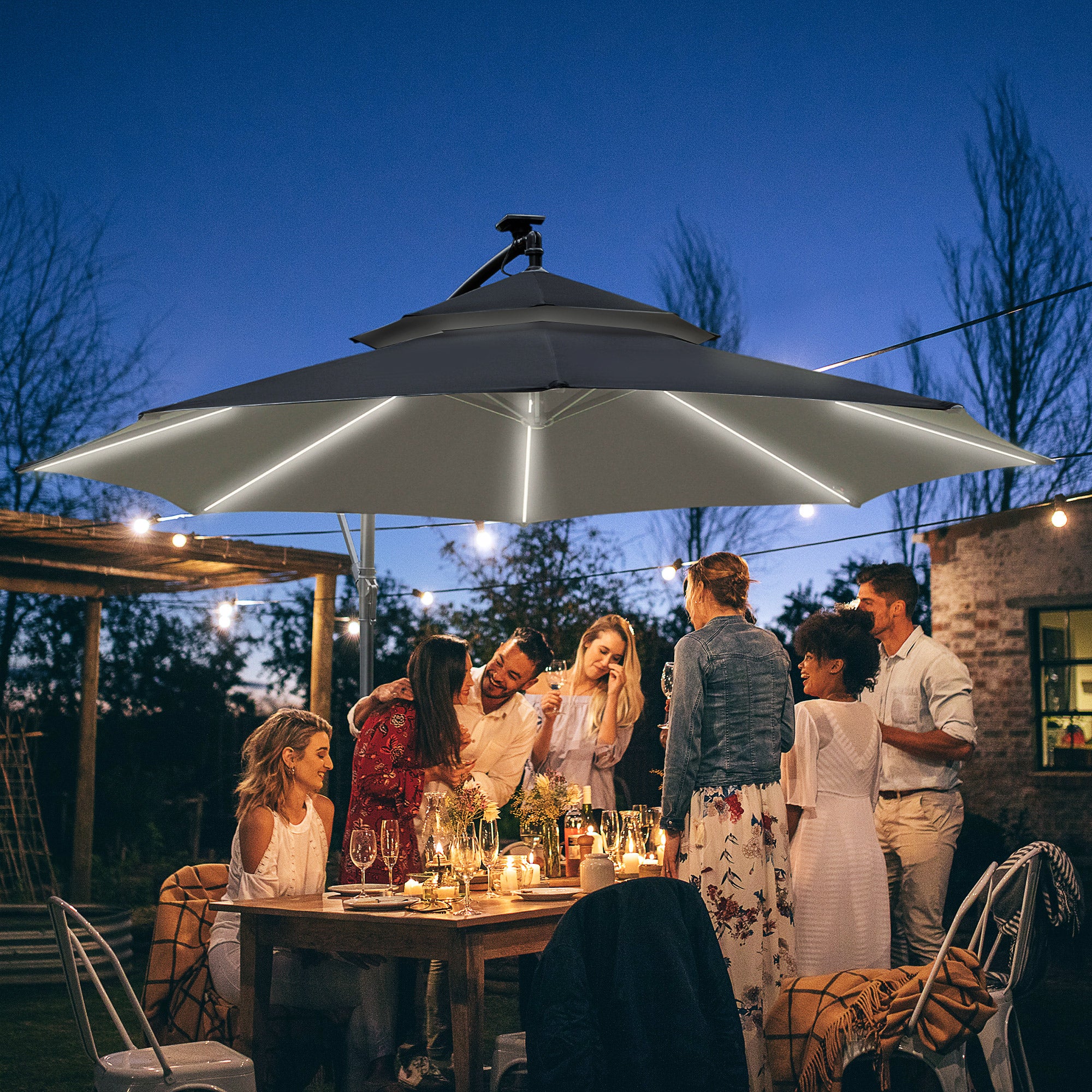 3 Metre Cantilever Banana Parasol with Double Roof and Solar LED Lights - Black