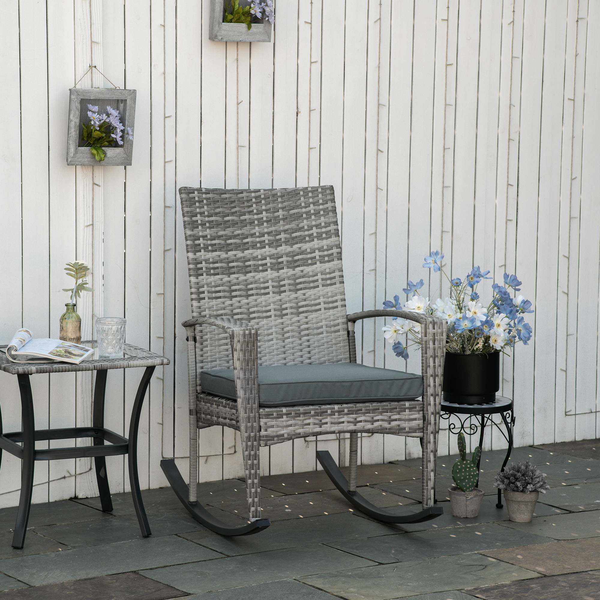 Rattan Outdoor Rocking Chair with Cushion Garden Patio Seater - Light Grey