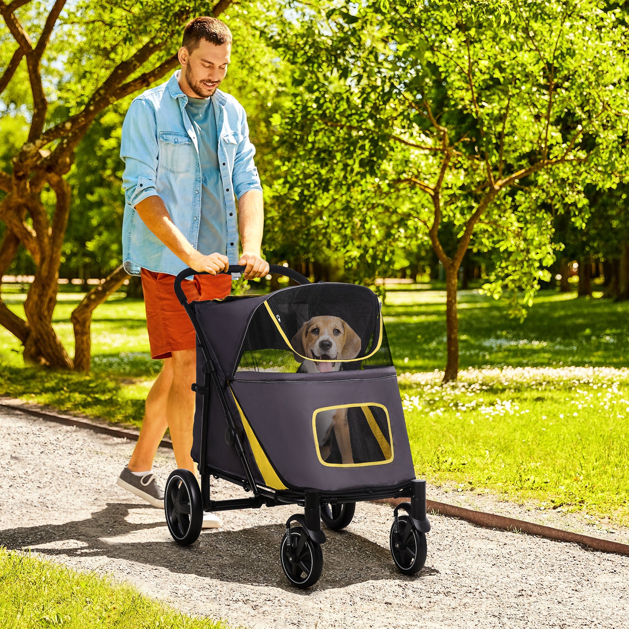 Pet Stroller with Shock Absorber, Universal Front Wheels, Brakes & Storage Bags for Dogs and Cats - Dark Grey