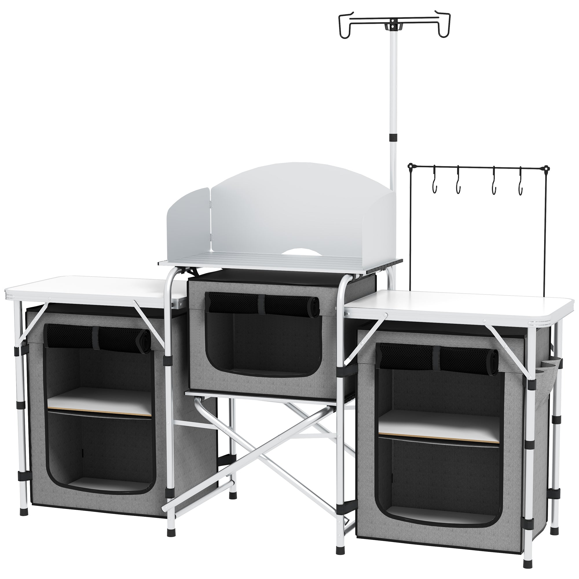 Portable Folding Camping Kitchen Table with Cupboards and Windshield - Grey