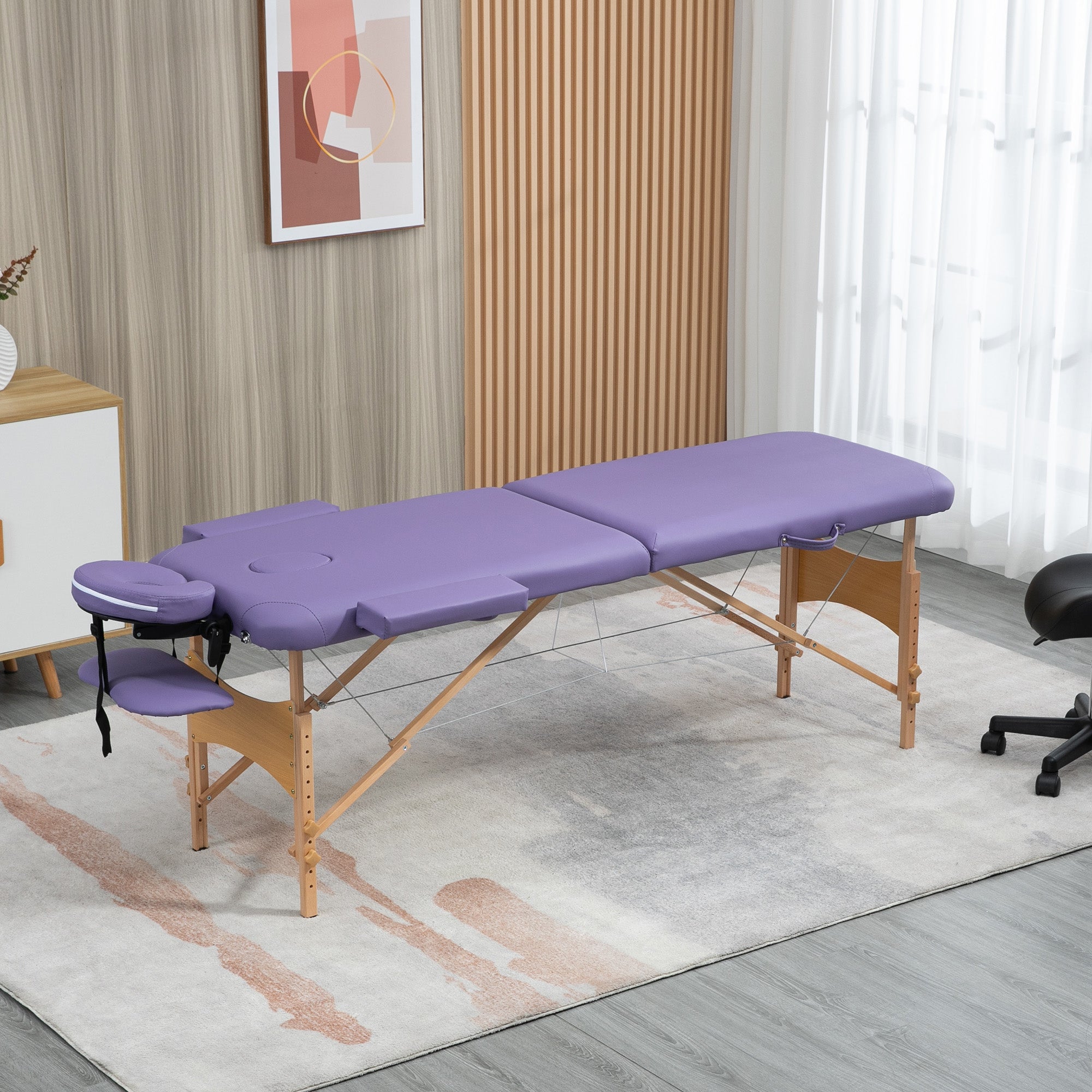 Folding Portable Massage Bed with Wooden Frame and Carry Bag, 2 Sections - Purple