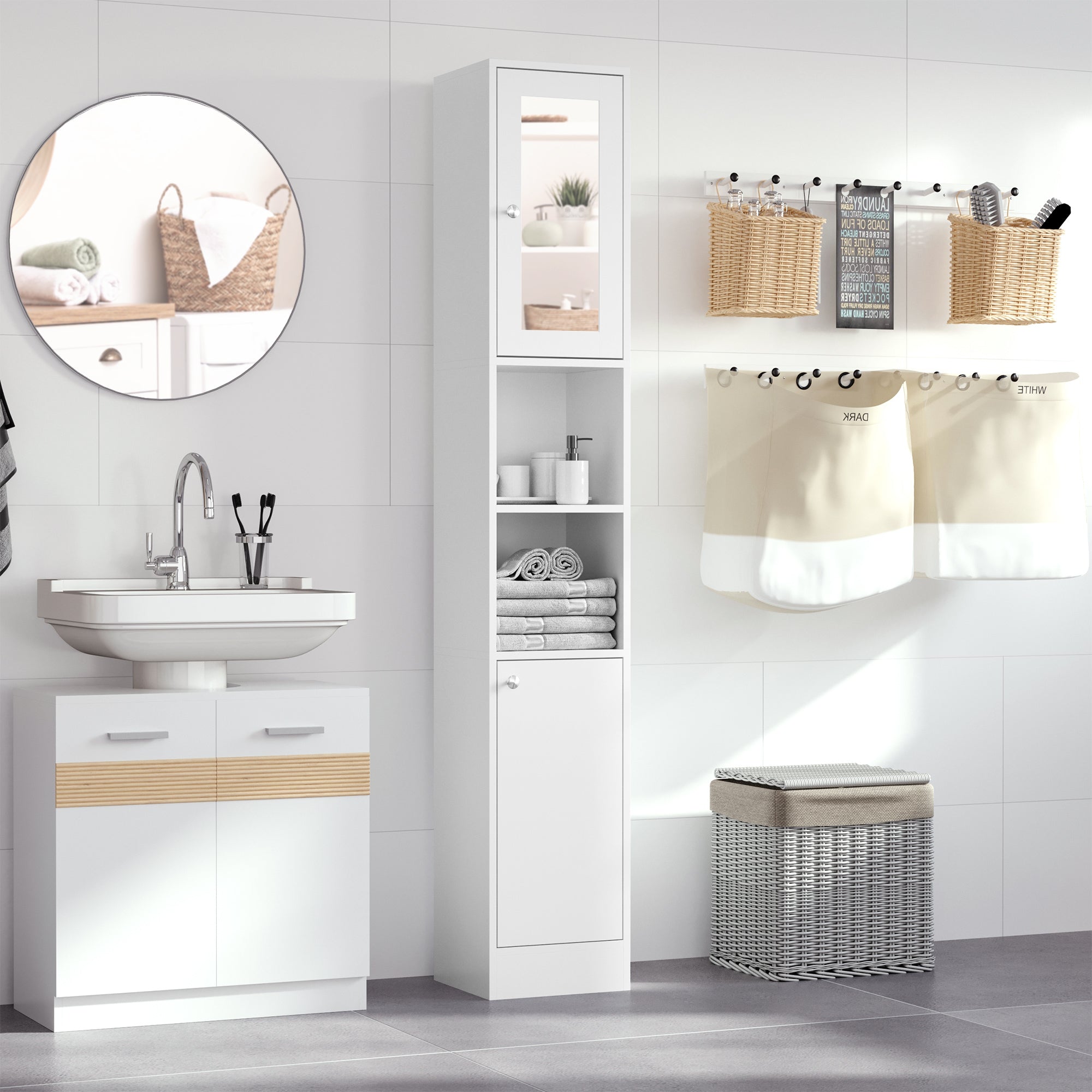 Tall Bathroom Storage Cabinet with Mirror and Adjustable Shelves - White