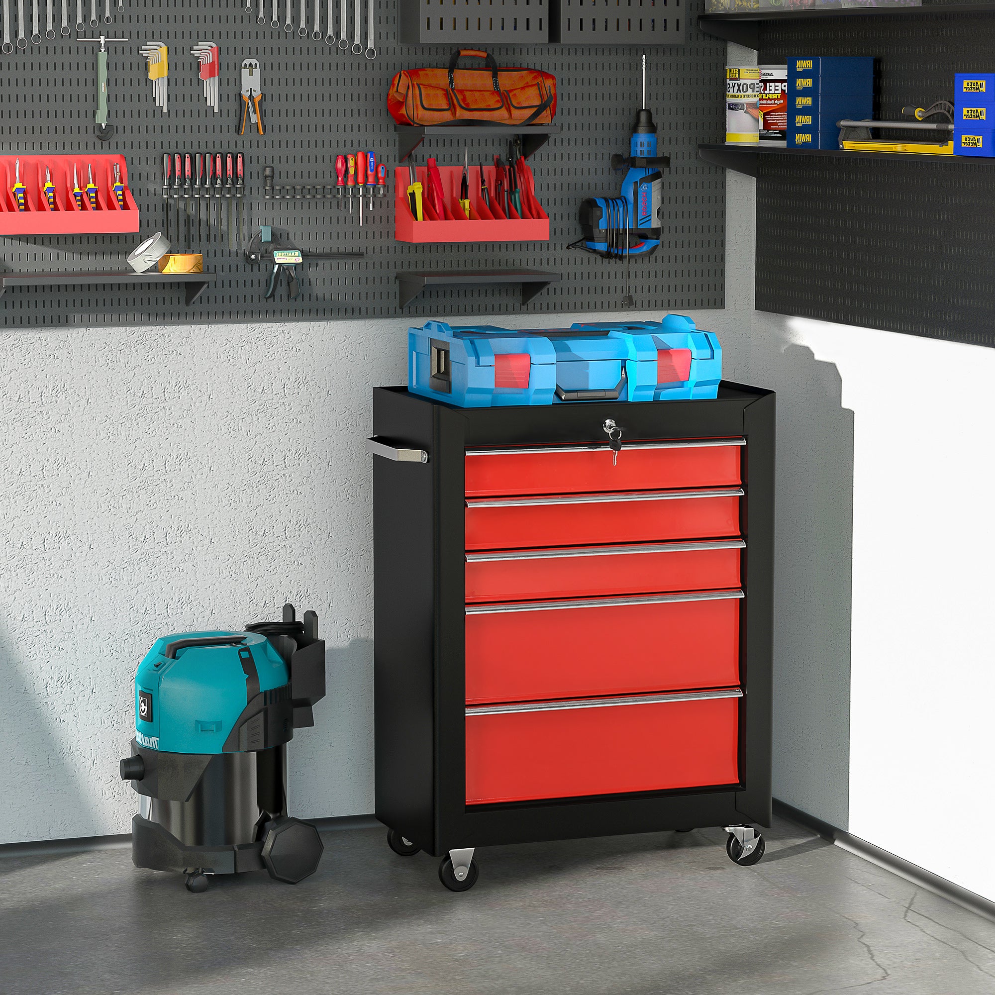 5-Drawer Lockable Steel Tool Chest with Wheels and Handle for Garage Workshop - Red