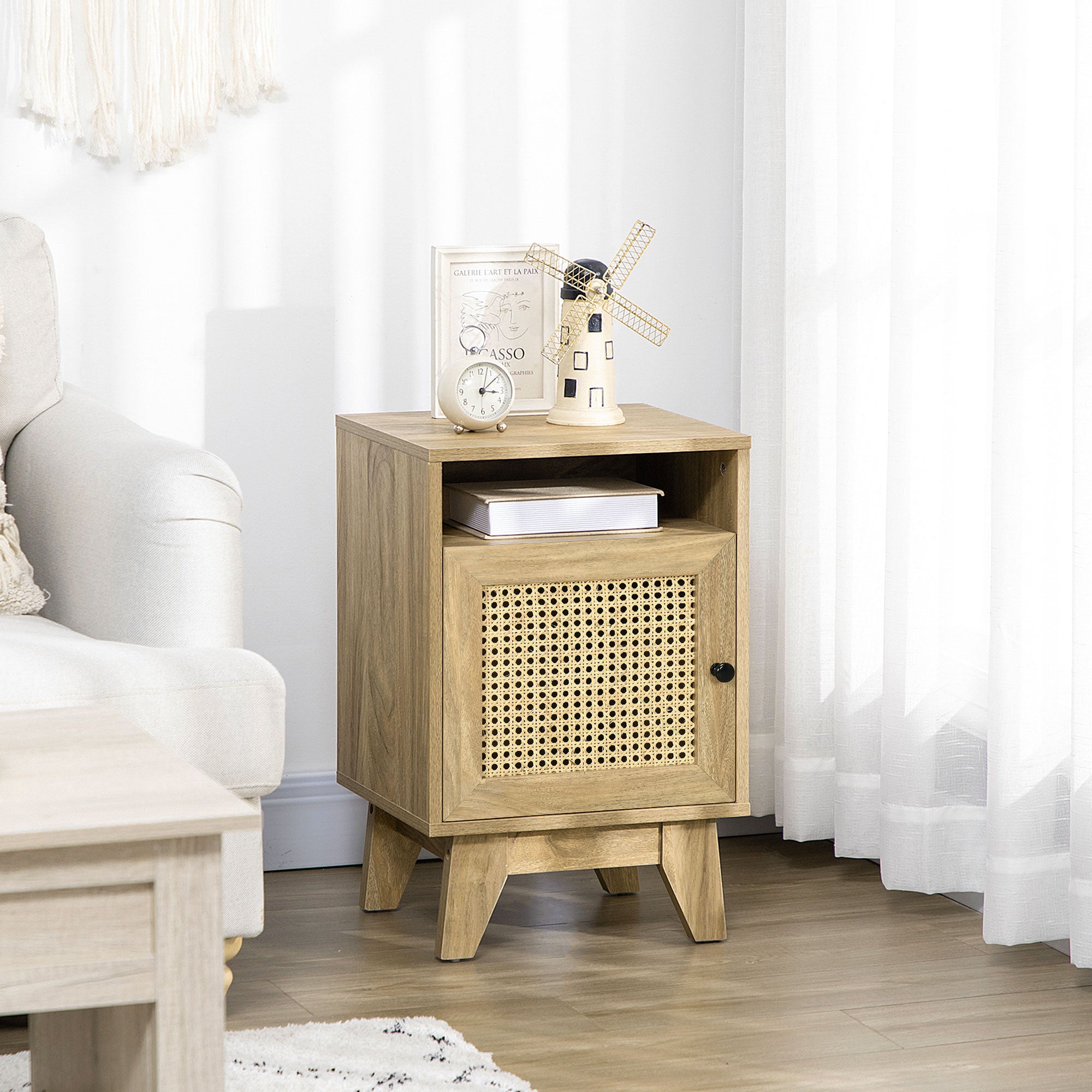 Natural Rattan Bedside Table with Cupboard and Shelf - 39cm x 35cm x 60cm