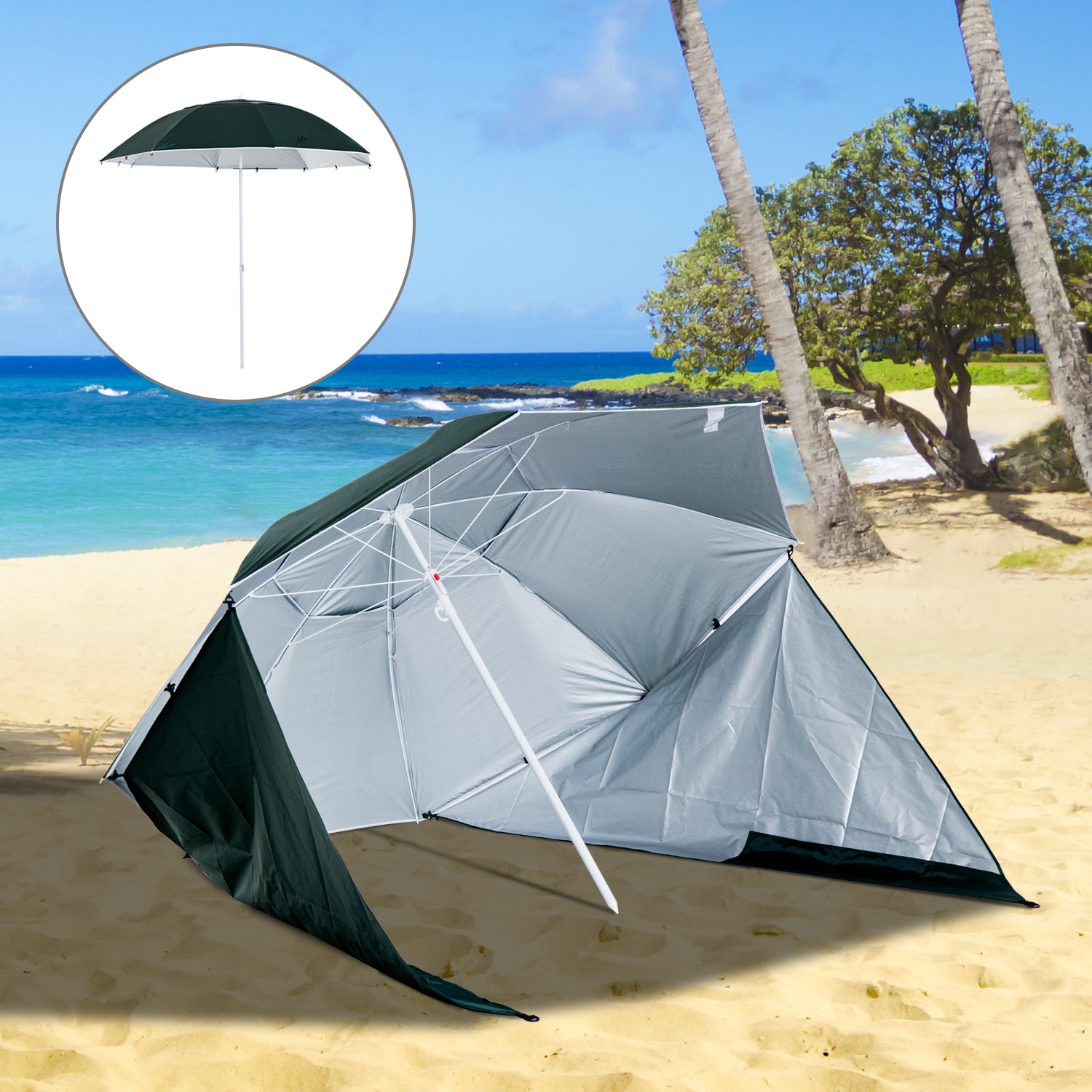 All-Weather Beach Umbrella with Side Curtains and Full Coverage - Green