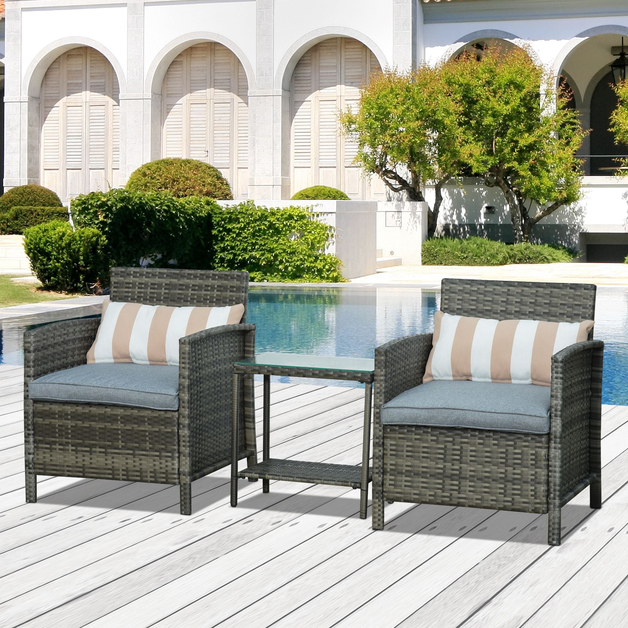 3 Piece Garden Rattan Patio Bistro Set with Rust Resistant Steel - Grey