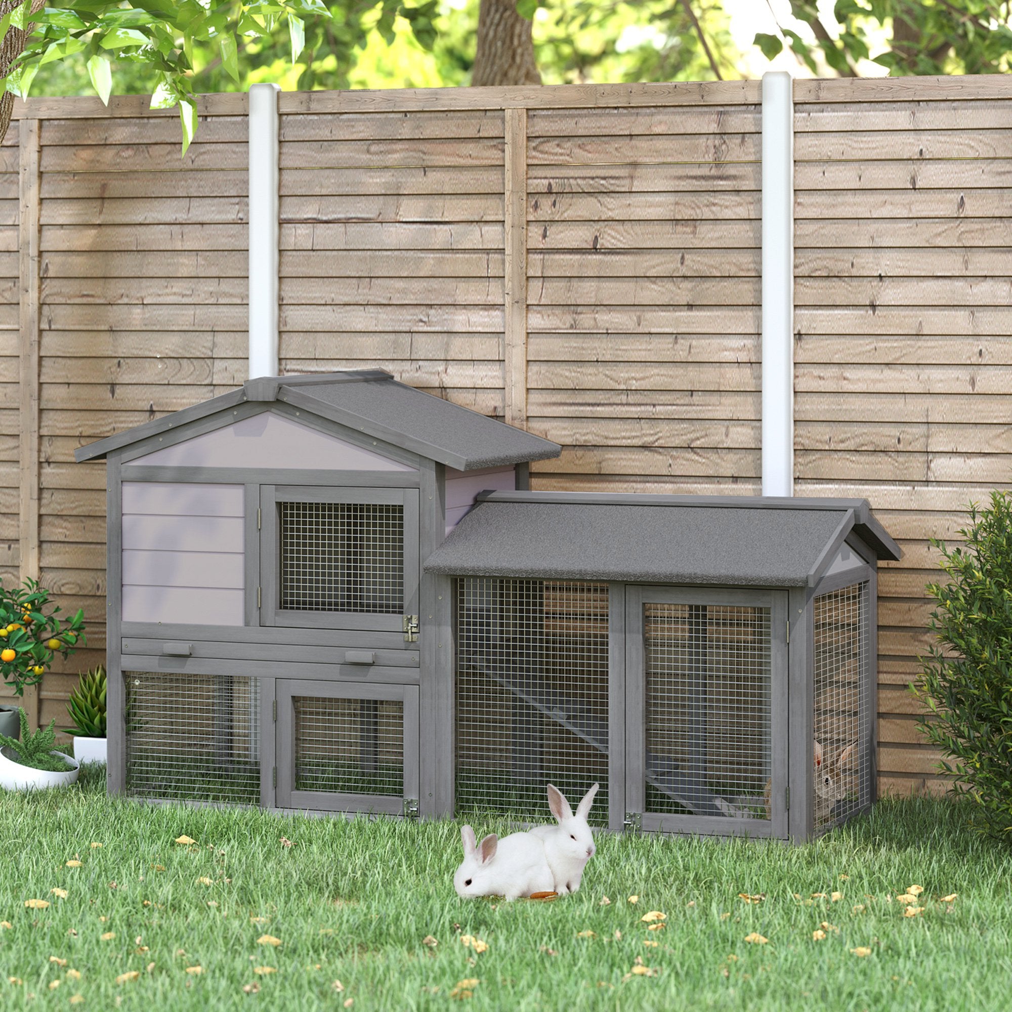 Small Animal Two-Level Fir Wood Hutch with Ramp - Burnt Yellow